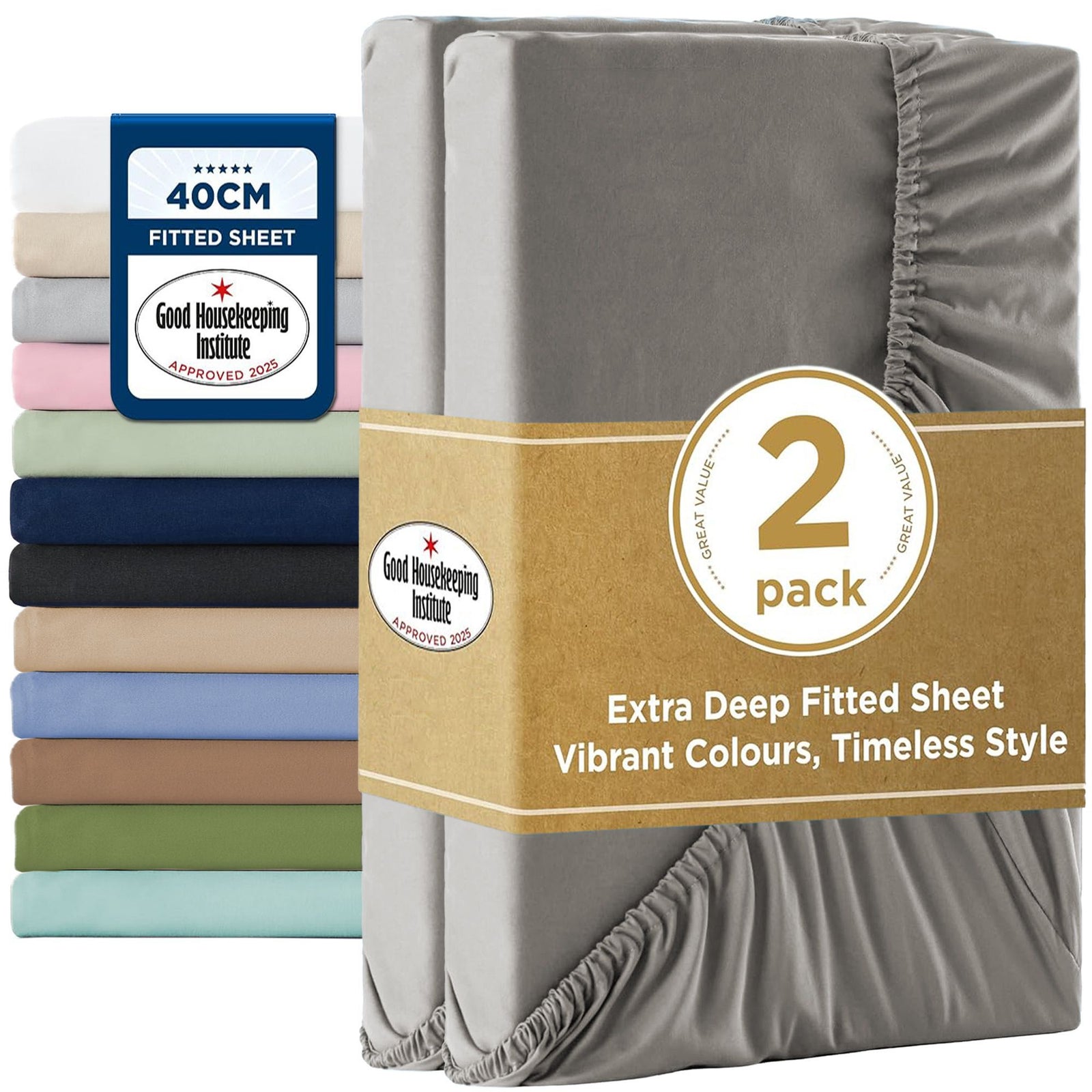 2000TC Hotel Quality Fitted Sheets - 2 Piece Fitted Sheets -Breathable Bedding - Wrinkle, Fade, Stain Resistant- 16inch/40cm Deep Pocket Fitted Bed Sheets-Wrinkle and Fade Resistant,(Grey,King Single)