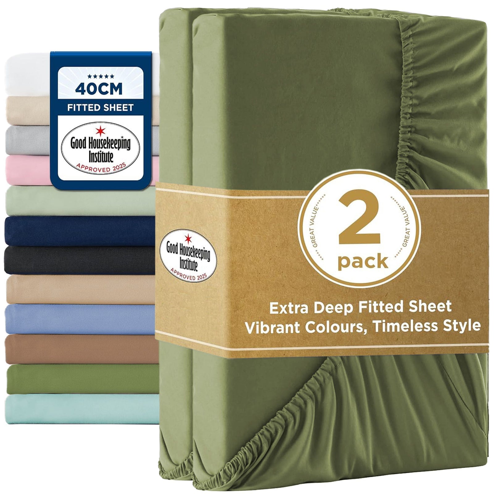 2000TC Hotel Quality Fitted Sheets - 2 Piece Fitted Sheets -Breathable Bedding - Wrinkle, Fade, Stain Resistant- 16inch/40cm Deep Pocket Fitted Bed Sheets-Wrinkle and Fade Resistant,(Olive green,Queen)