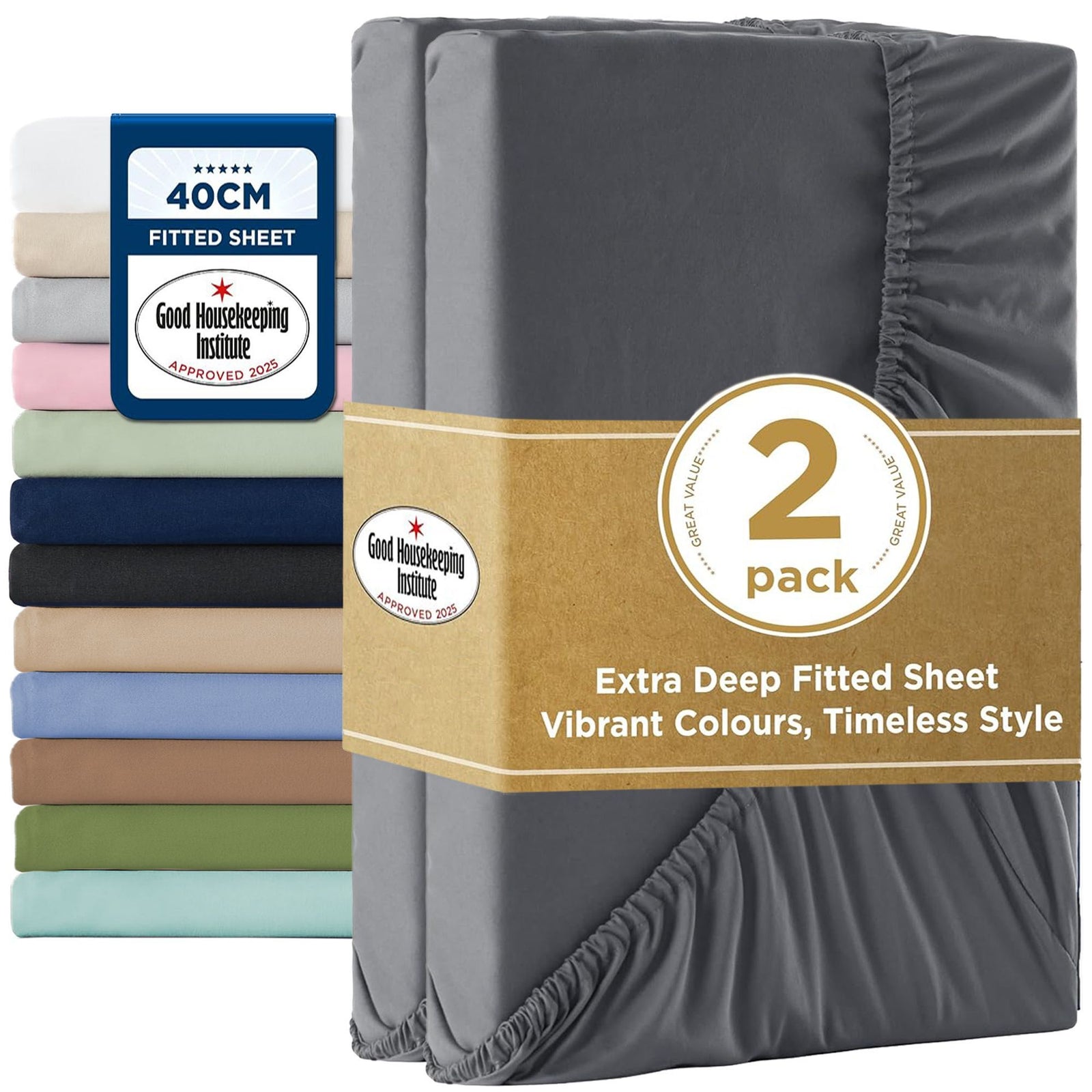 2000TC Hotel Quality Fitted Sheets - 2 Piece Fitted Sheets -Breathable Bedding - Wrinkle, Fade, Stain Resistant- 16inch/40cm Deep Pocket Fitted Bed Sheets-Wrinkle and Fade Resistant,(Dark gray,Queen)