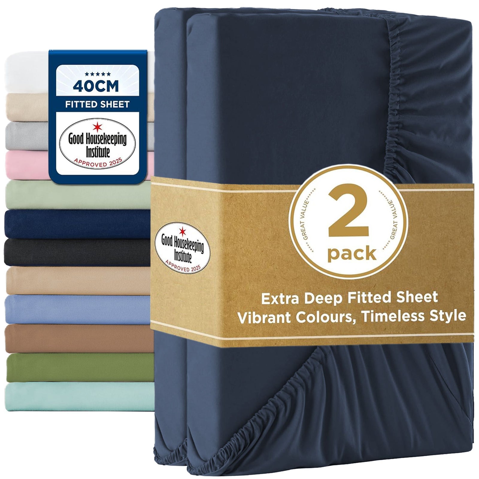 2000TC Hotel Quality Fitted Sheets - 2 Piece Fitted Sheets -Breathable Bedding - Wrinkle, Fade, Stain Resistant- 16inch/40cm Deep Pocket Fitted Bed Sheets-Wrinkle and Fade Resistant,(Navy,Super King)
