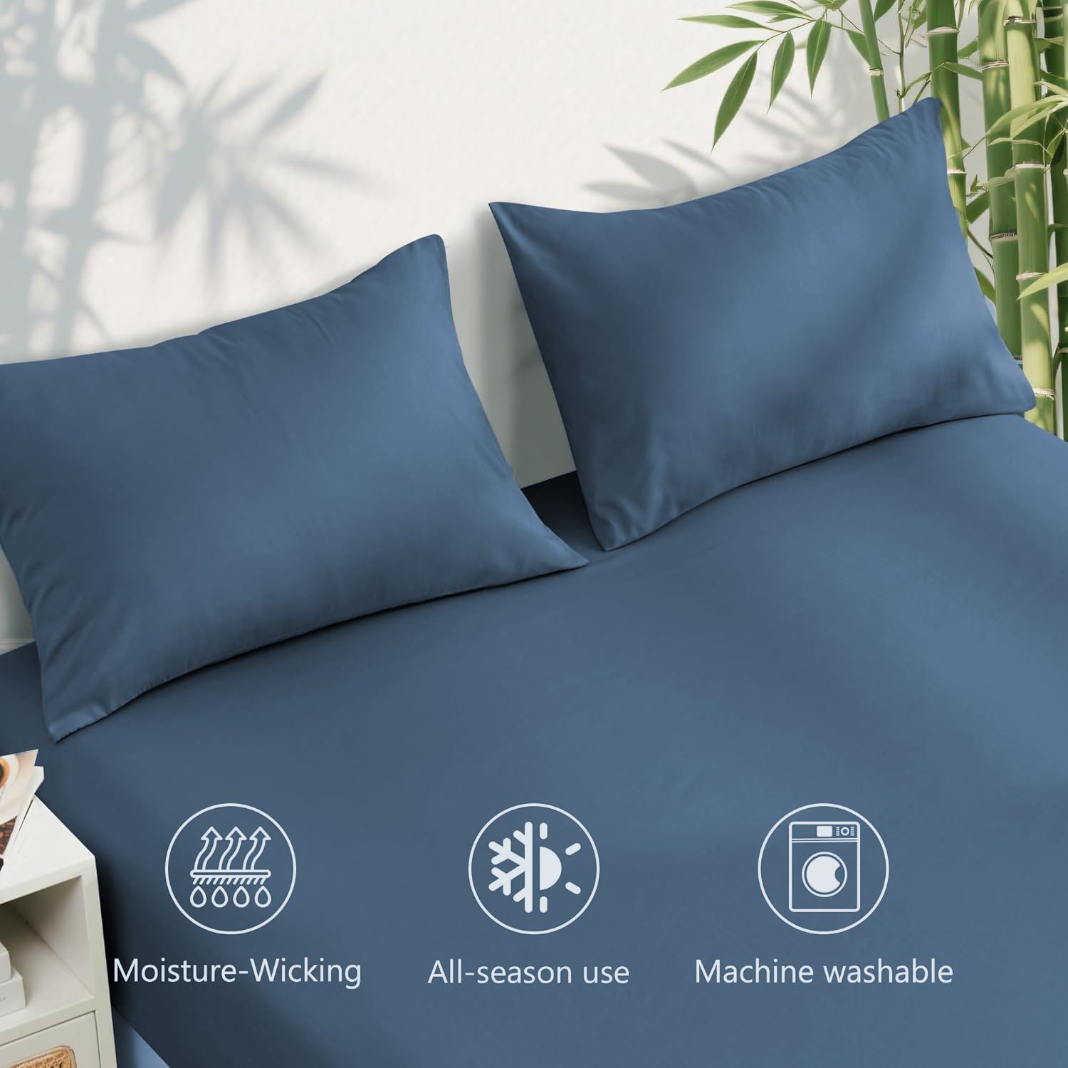 Hotel Breathable Bamboo Fitted Sheet & Pillowcase-3 Piece-Ultra Soft 2000TC Breathable Fitted Bed Sheets Set with 40 Centimetre Deep Pocket-Cooling Sheets for Hot Sleepers(Navy,Super King)