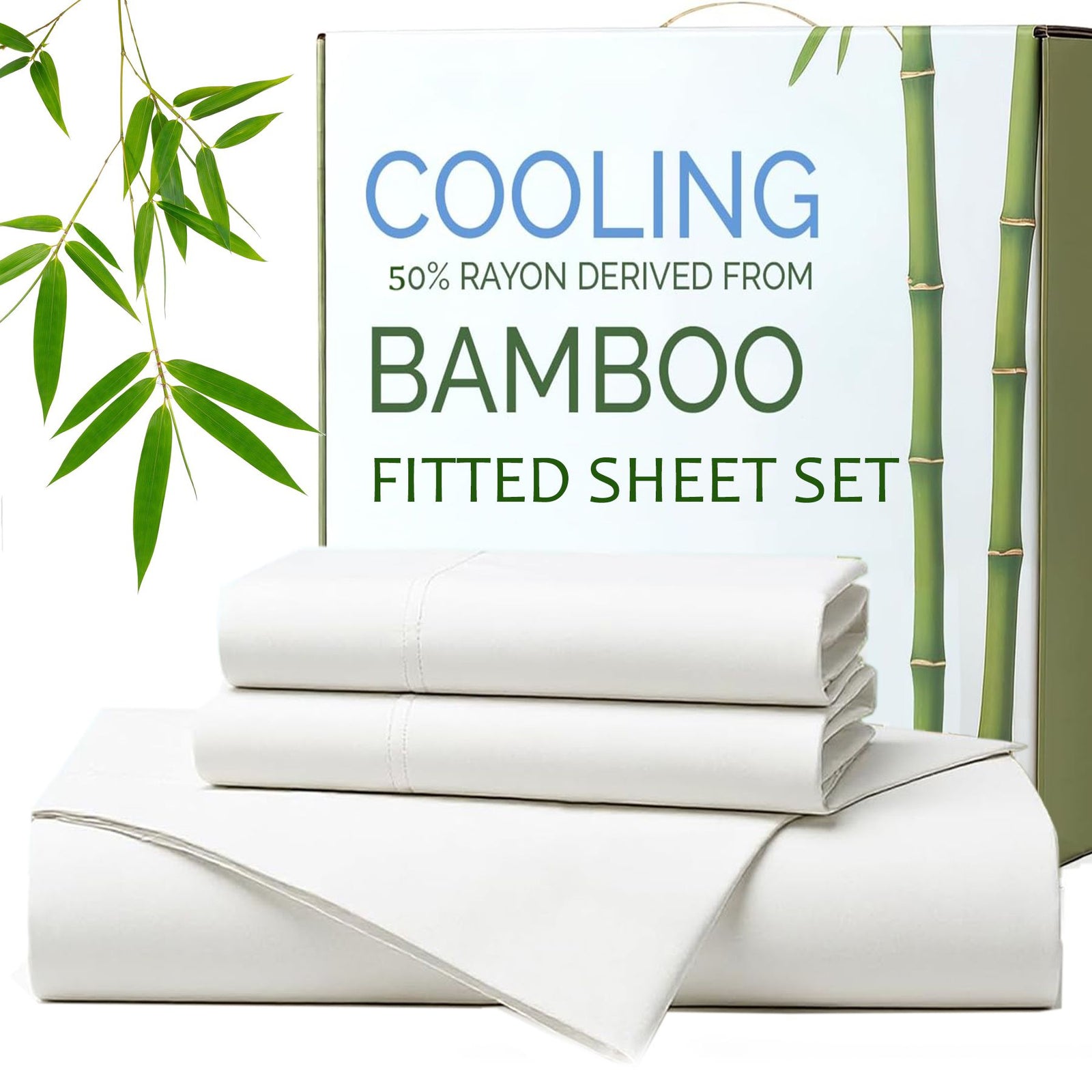 Hotel Breathable Bamboo Fitted Sheet & Pillowcase-3 Piece-Ultra Soft 2000TC Breathable Fitted Bed Sheets Set with 40 Centimetre Deep Pocket-Cooling Sheets for Hot Sleepers(White,Super King)