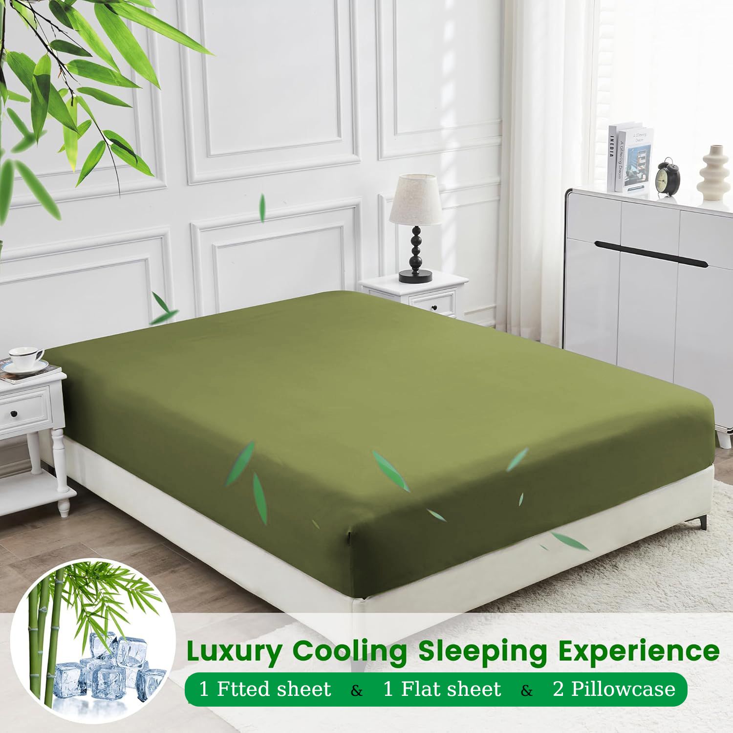 4 Piece Ultra Soft Bamboo Breathable Sheet Set -Hotel 2000TC Breathable Bed Sheets Set with 40 Centimetre Deep Pocket-Breathable Sheets for Hot Sleepers(Olive green,Super King)