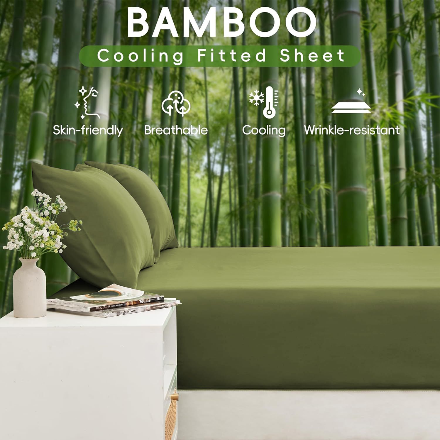 4 Piece Ultra Soft Bamboo Breathable Sheet Set -Hotel 2000TC Breathable Bed Sheets Set with 40 Centimetre Deep Pocket-Breathable Sheets for Hot Sleepers(Olive green,Super King)