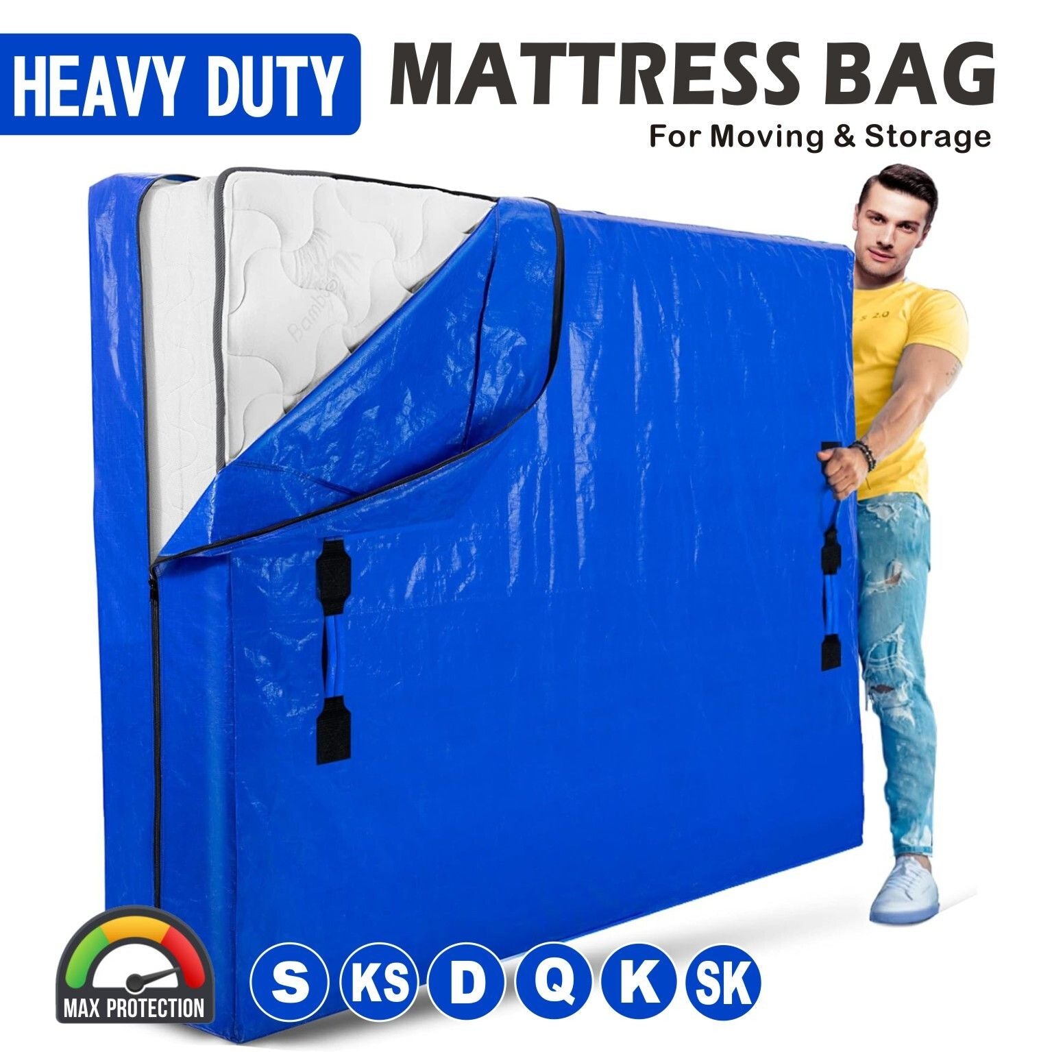 Mattress Bag Mattresses Protector Plastic Moving Storage Dust Cover Carry Bed Waterproof Zipper Packing Reusable Disposal, Extra Thick Heavy Duty, with Handles(King)