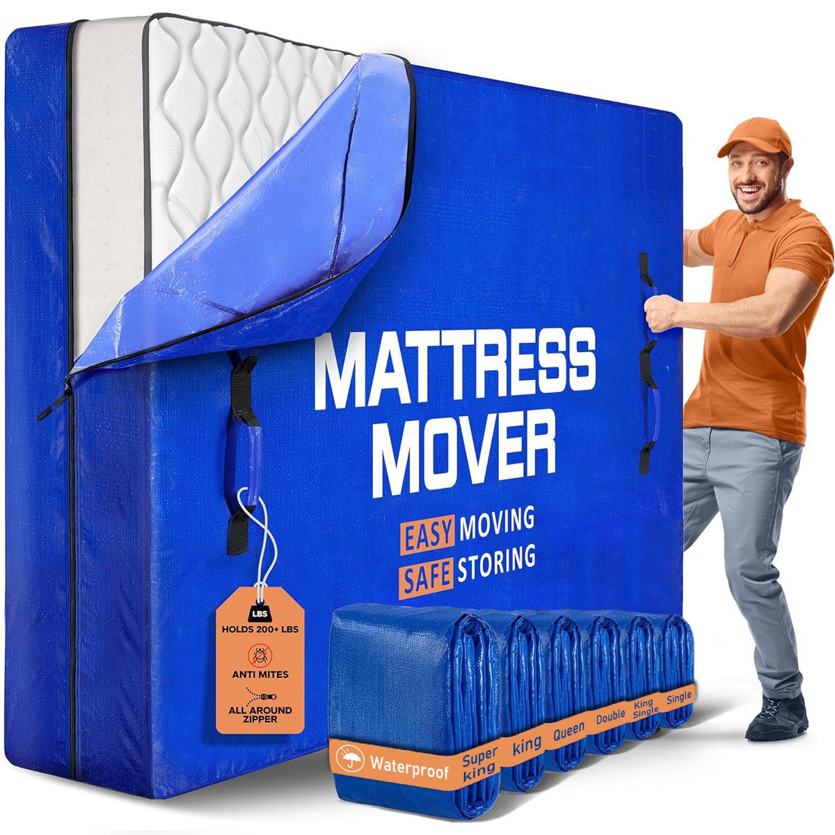 Waterproof Mattress Bag Mattresses Protector Plastic Moving Storage Dust Cover Carry Bed Zipper Packing Reusable Disposal, Extra Thick Heavy Duty, with 8 Handles(King)
