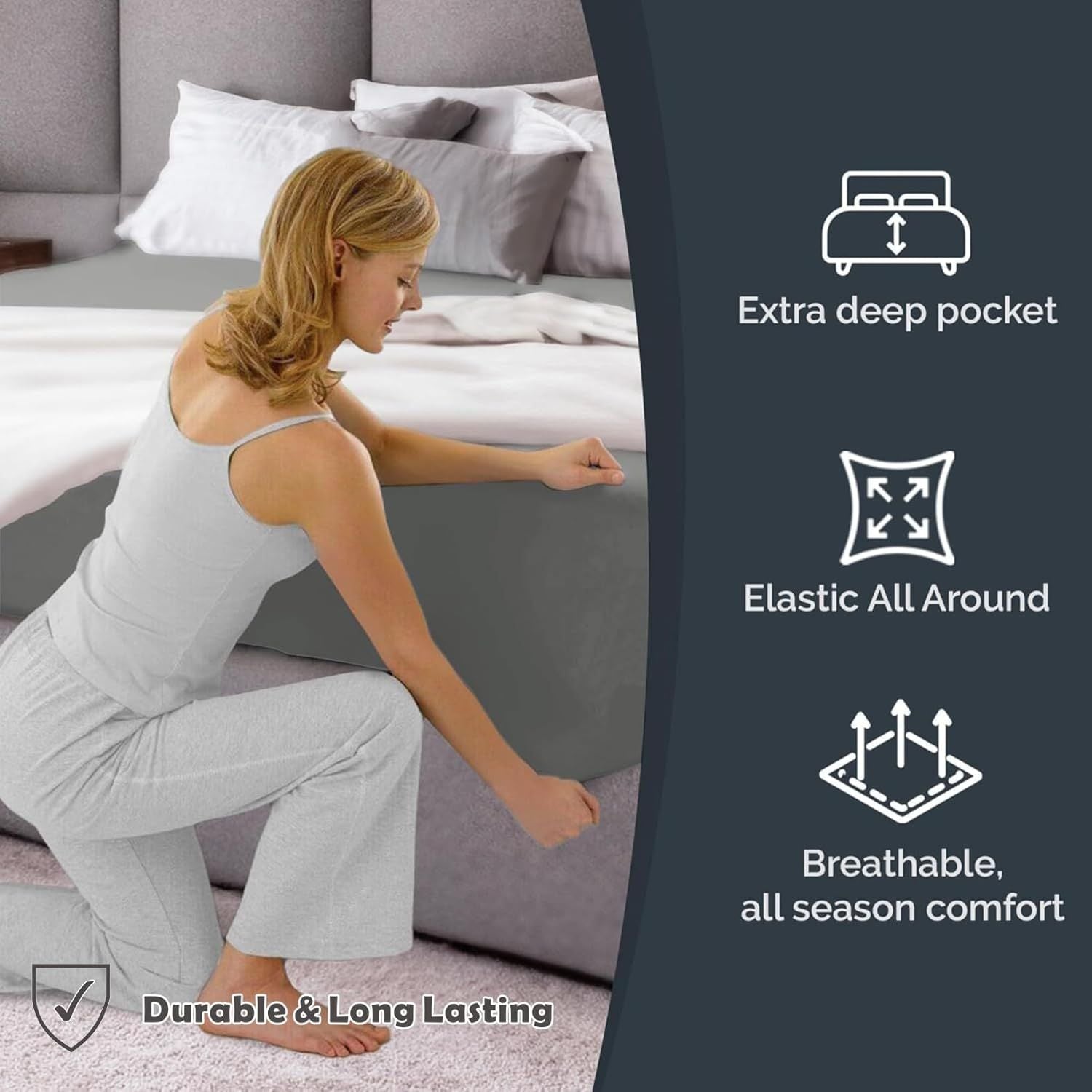 Hotel Quality Fitted Sheet - 1 Piece Fitted Sheet -Breathable Bedding - Wrinkle, Fade, Stain Resistant- 16inch/40cm Deep Pocket Fitted Bed Sheet-Wrinkle and Fade Resistant,(Grey,Queen)