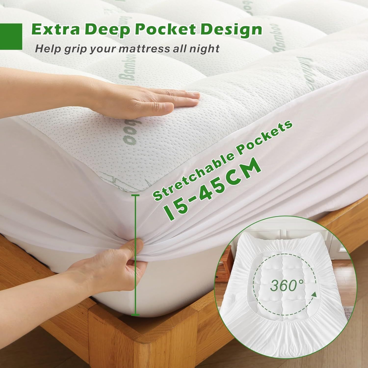 800GSM Mattress Topper Viscose Derived from Bamboo, Thick Pillowtop Fitted Mattress Cover with 45cm Deep Skirt - Machine Washable Hypoallergenic(King Single,Green)