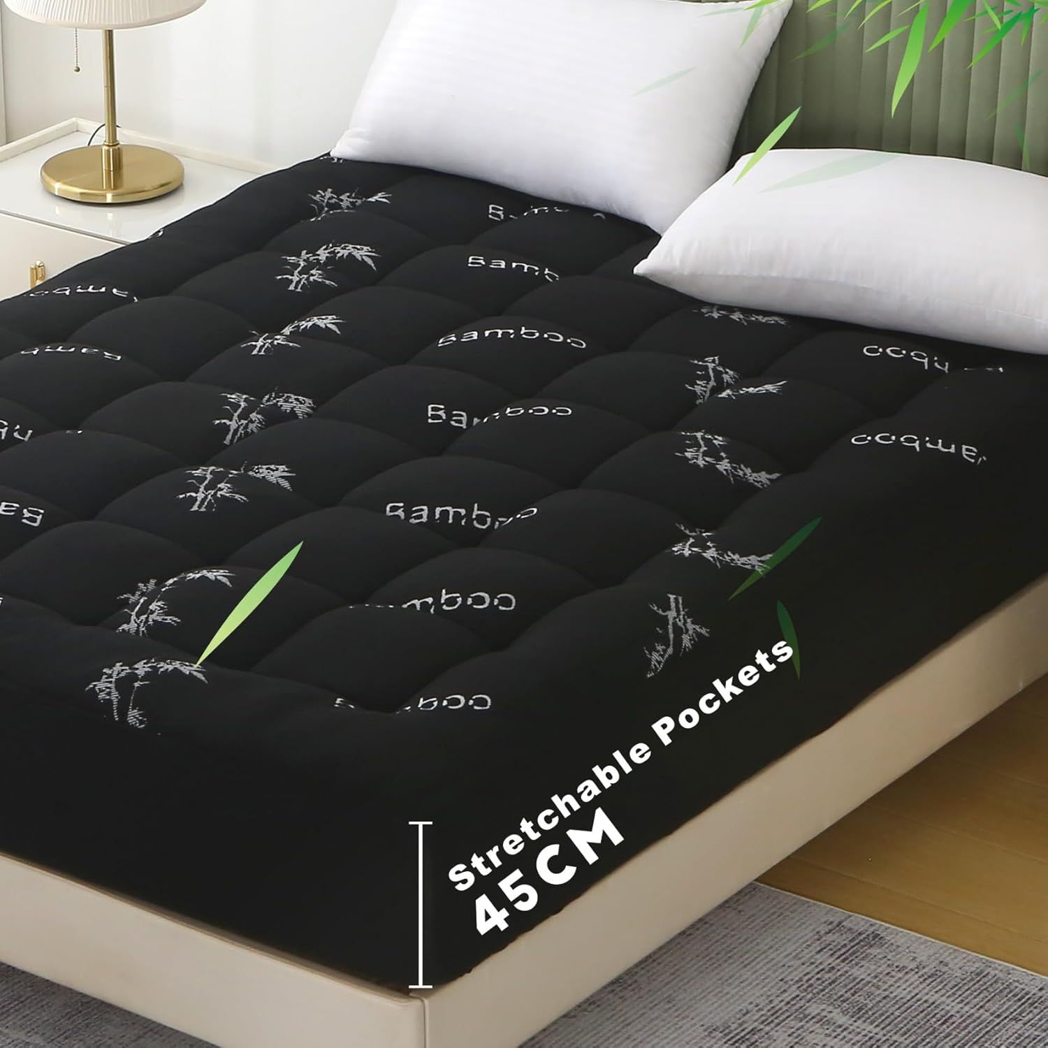 800GSM Mattress Topper Viscose Derived from Bamboo, Thick Pillowtop Fitted Mattress Cover with 45cm Deep Skirt - Machine Washable Hypoallergenic(Single,Black)