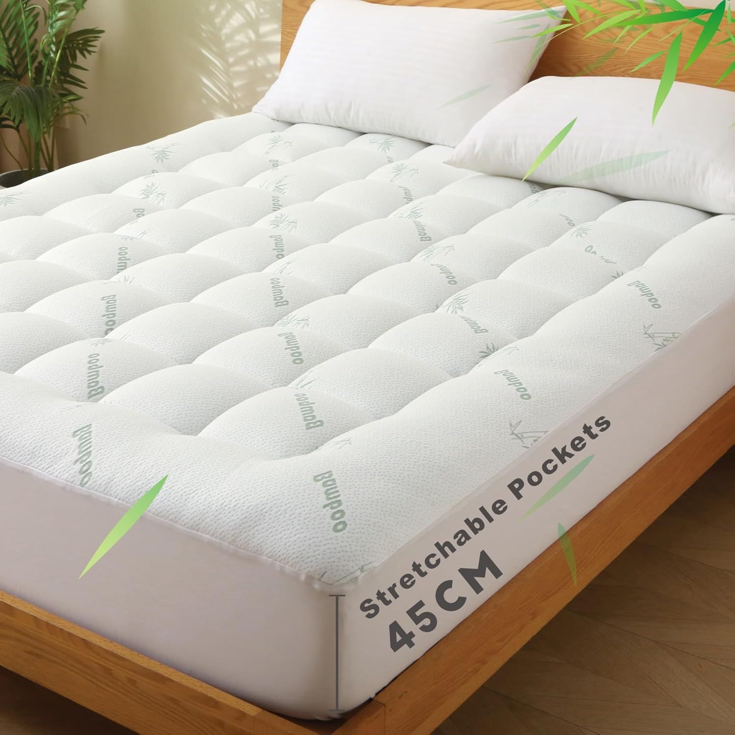 800GSM Mattress Topper Viscose Derived from Bamboo, Thick Pillowtop Fitted Mattress Cover with 45cm Deep Skirt - Machine Washable Hypoallergenic(Single,Green)