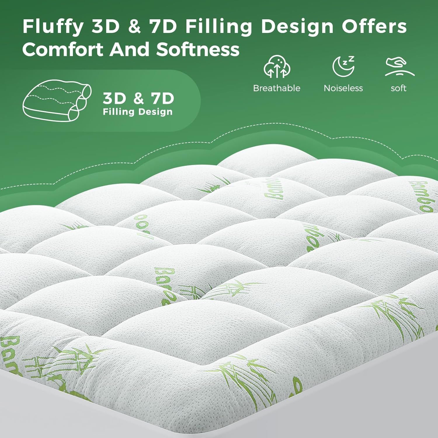 800GSM Mattress Topper Viscose Derived from Bamboo, Thick Pillowtop Fitted Mattress Cover with 45cm Deep Skirt - Machine Washable Hypoallergenic(Single,Green)