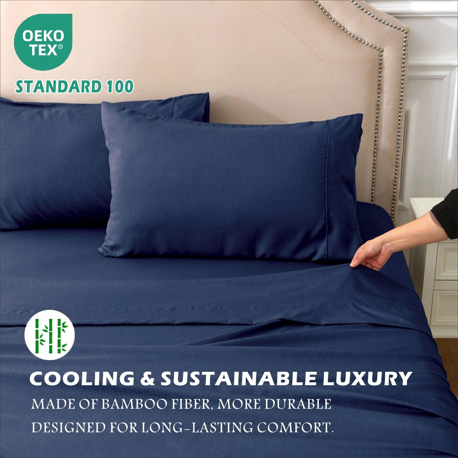 4 Piece Hotel Bamboo Cooling Sheet Set -Ultra Soft 2000TC Breathable Bed Sheets Set with 37 Centimetre Deep Pocket-Cooling Sheets for Hot Sleepers(Navy,Queen)