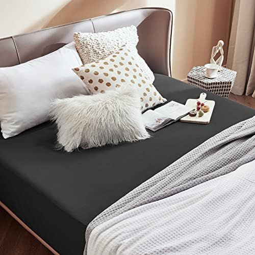 2000TC Hotel Quality Fitted Sheets - 2 Piece Fitted Sheets -Breathable Bedding - Wrinkle, Fade, Stain Resistant- 16inch/40cm Deep Pocket Fitted Bed Sheets-Wrinkle and Fade Resistant,(Black,Double)