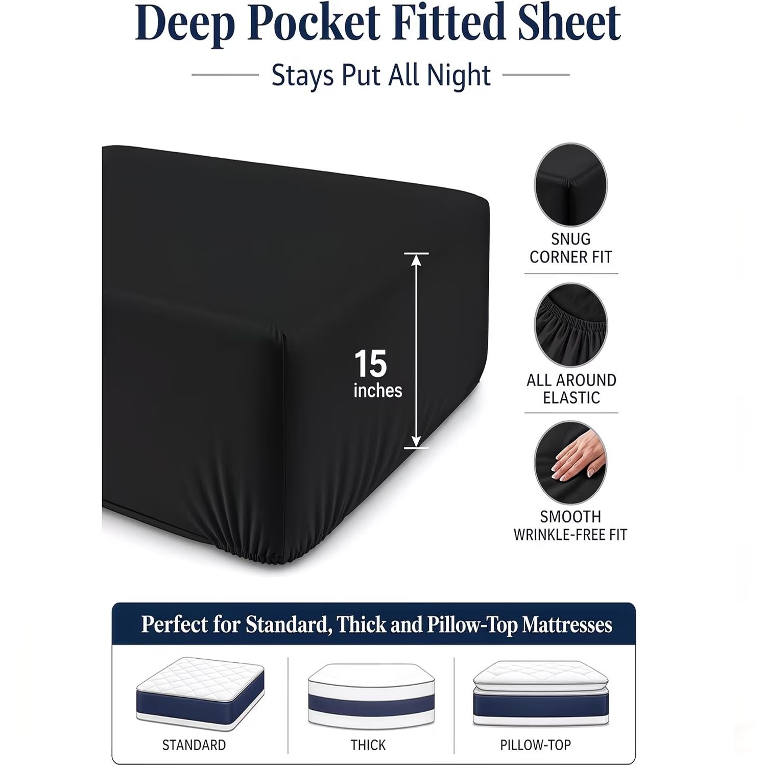 Hotel Quality Fitted Sheet - 1 Piece Fitted Sheet -Breathable Bedding - Wrinkle, Fade, Stain Resistant- 16inch/40cm Deep Pocket Fitted Bed Sheet-Wrinkle and Fade Resistant,(Black,Double)