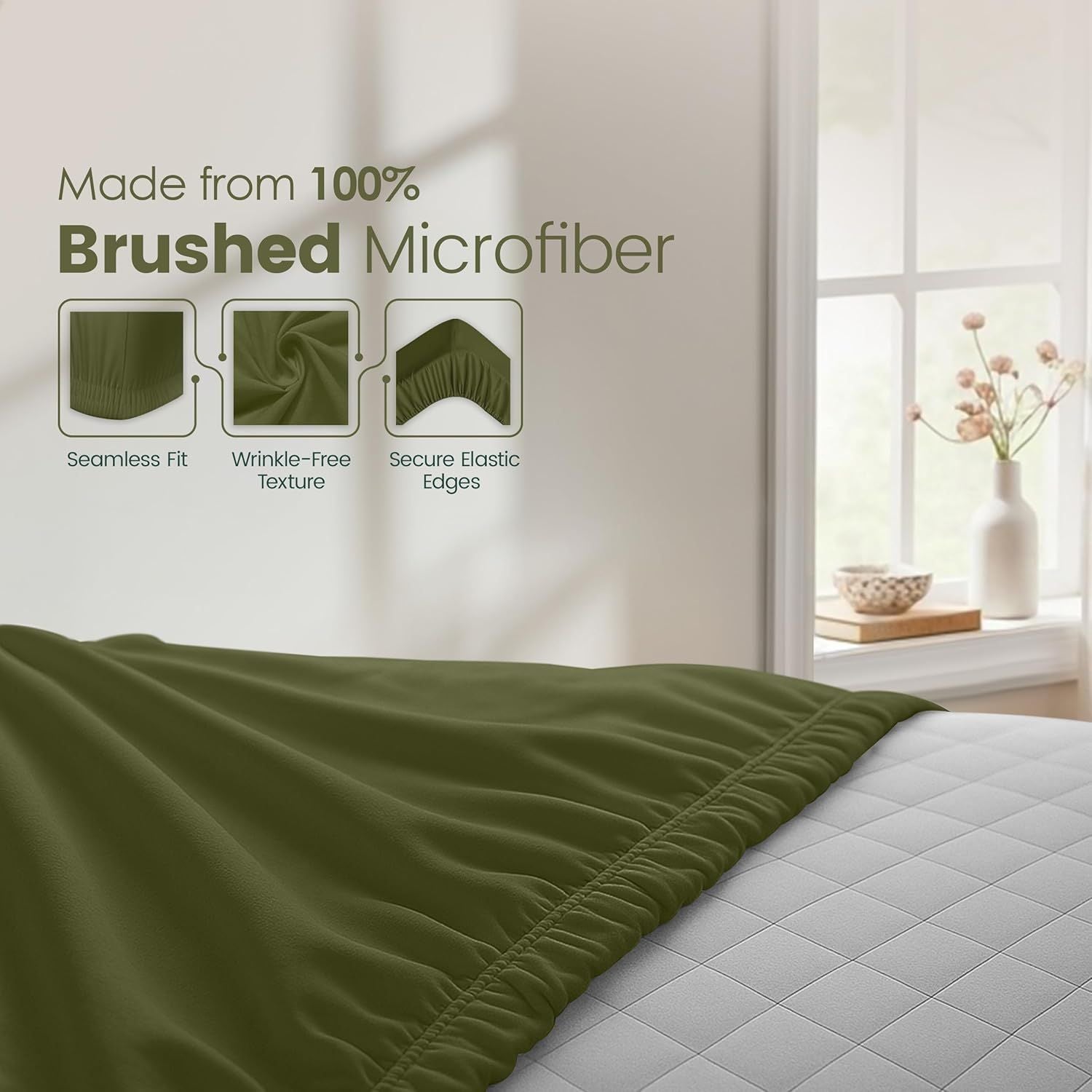 Hotel Quality Fitted Sheet - 1 Piece Fitted Sheet -Breathable Bedding - Wrinkle, Fade, Stain Resistant- 16inch/40cm Deep Pocket Fitted Bed Sheet-Wrinkle and Fade Resistant,(Olive green,King)