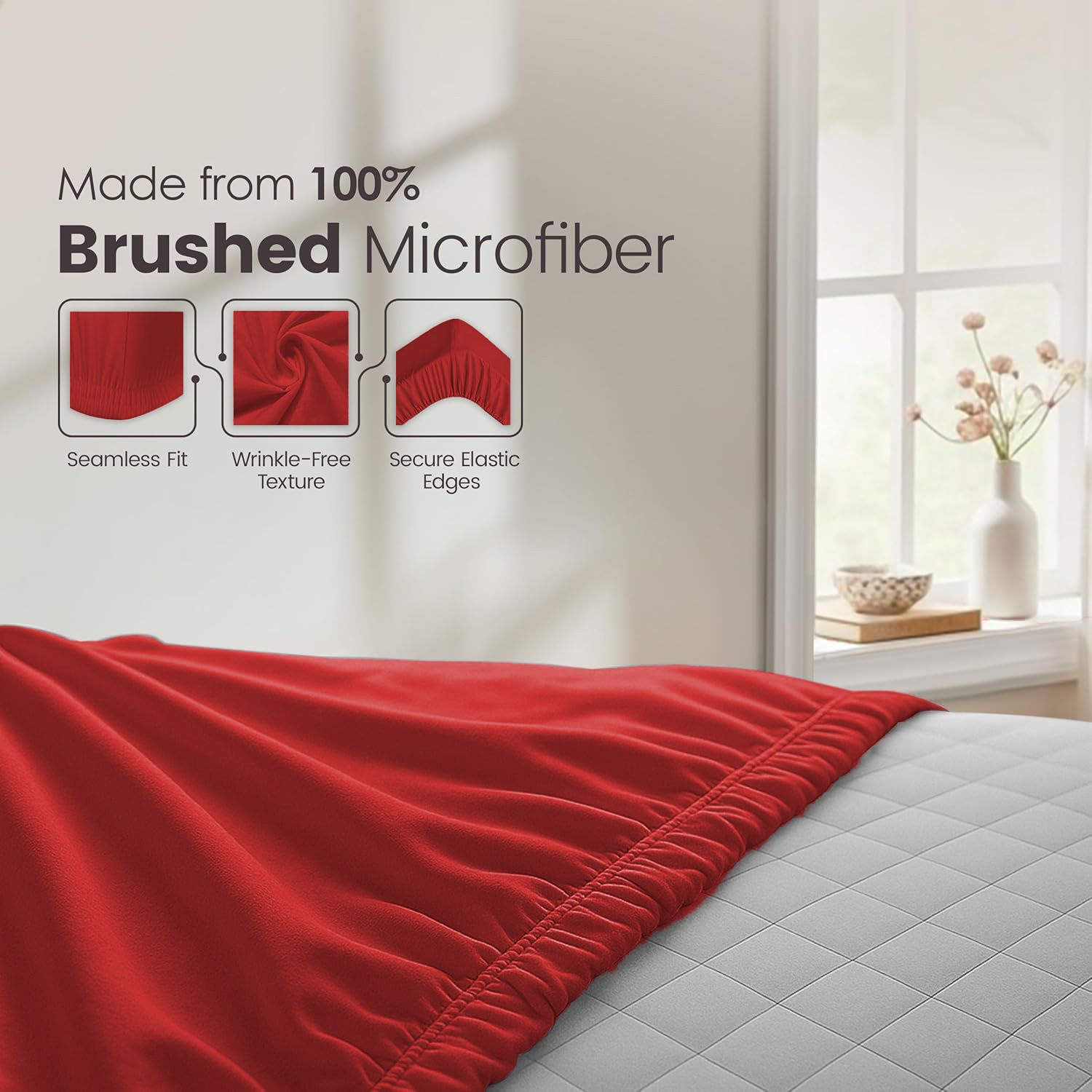 Hotel Quality Fitted Sheet - 1 Piece Fitted Sheet -Breathable Bedding - Wrinkle, Fade, Stain Resistant- 16inch/40cm Deep Pocket Fitted Bed Sheet-Wrinkle and Fade Resistant,(Red,Queen)