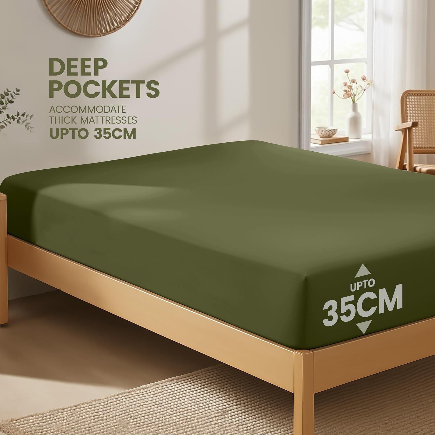 Hotel Quality Fitted Sheet - 1 Piece Fitted Sheet -Breathable Bedding - Wrinkle, Fade, Stain Resistant- 16inch/40cm Deep Pocket Fitted Bed Sheet-Wrinkle and Fade Resistant,(Olive green,Queen)
