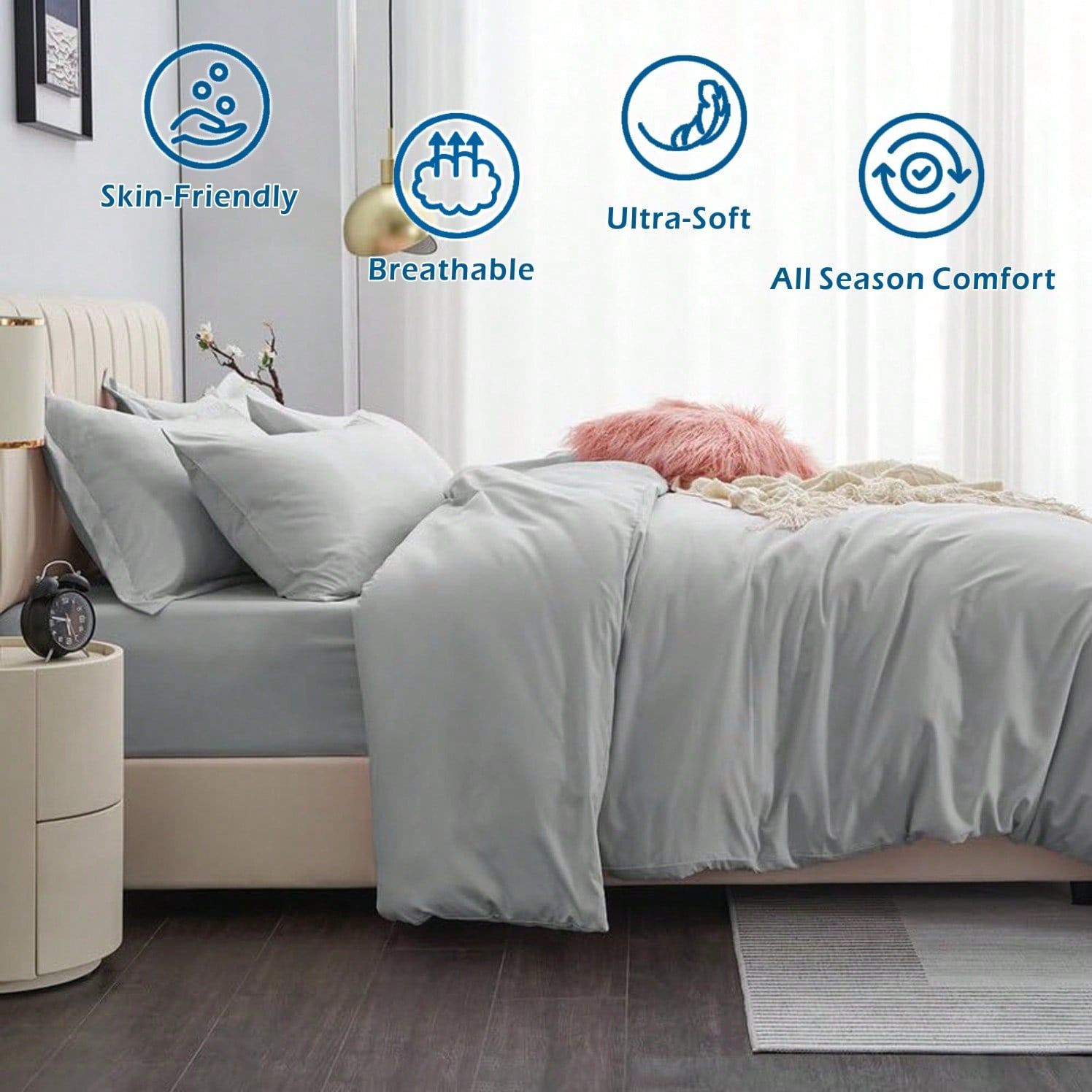 Hotel Soft Microfiber Duvet Cover Set-2000TC Quilt Cover Set & Pillowcases -1 Donna Cover Zipper Closure & 1 x Pillowcases-Breathable Bedding - Wrinkle, Fade, Stain Resistant(Silver-gray,Single)