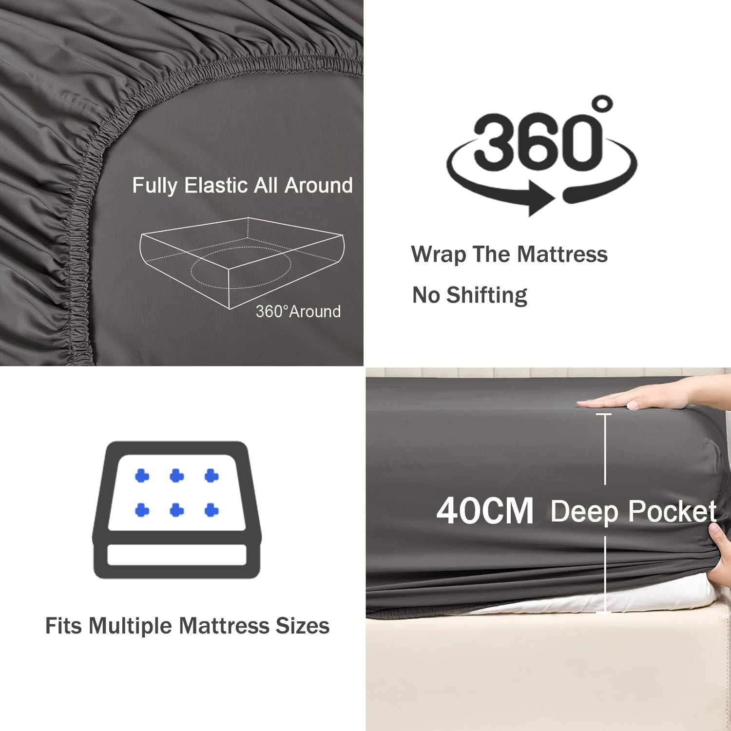 3 Piece Fitted Sheet Set- Fitted Sheet & Pillowcases -Breathable Bedding - Wrinkle, Fade, Stain Resistant- 40cm Deep Pocket Fitted Bed Sheet Set(Dark gray,Double)