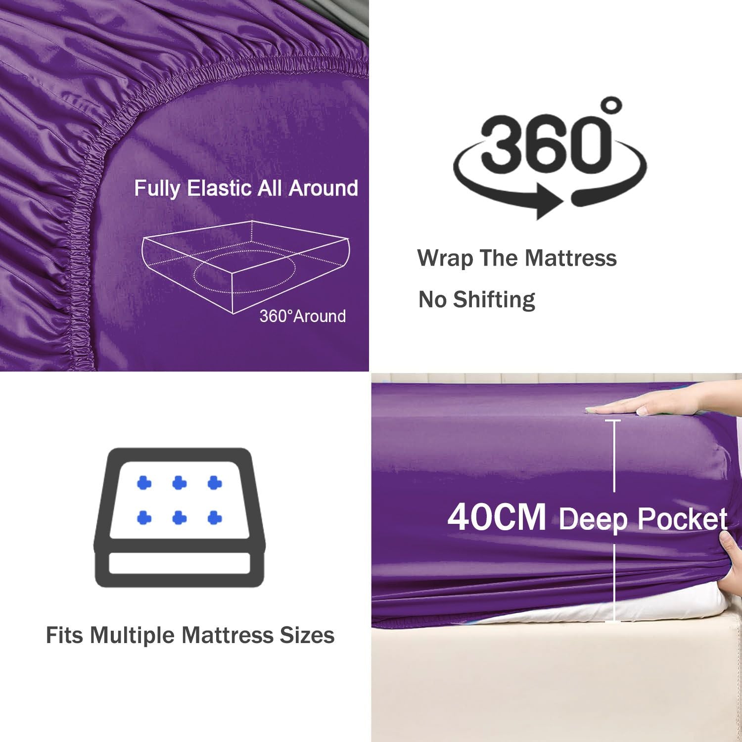 3 Piece Fitted Sheet Set- Fitted Sheet & Pillowcases -Breathable Bedding - Wrinkle, Fade, Stain Resistant- 40cm Deep Pocket Fitted Bed Sheet Set(Purple,Double)