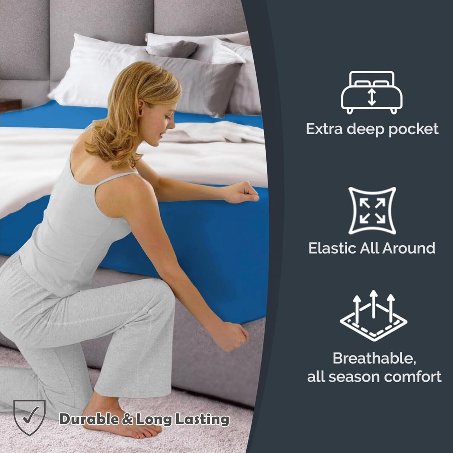 Hotel Quality Fitted Sheet - 1 Piece Fitted Sheet -Breathable Bedding - Wrinkle, Fade, Stain Resistant- 16inch/40cm Deep Pocket Fitted Bed Sheet-Wrinkle and Fade Resistant,(Ocean,Double)