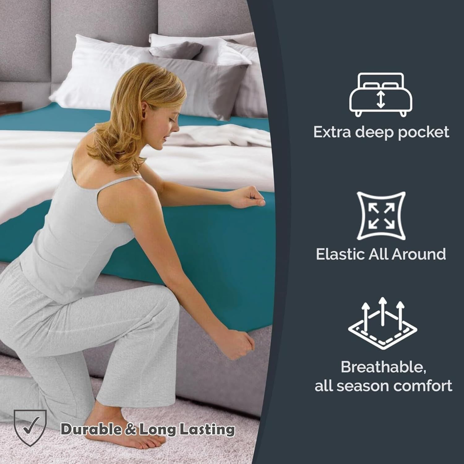Hotel Quality Fitted Sheet - 1 Piece Fitted Sheet -Breathable Bedding - Wrinkle, Fade, Stain Resistant- 16inch/40cm Deep Pocket Fitted Bed Sheet-Wrinkle and Fade Resistant,(Biscay blue,Double)