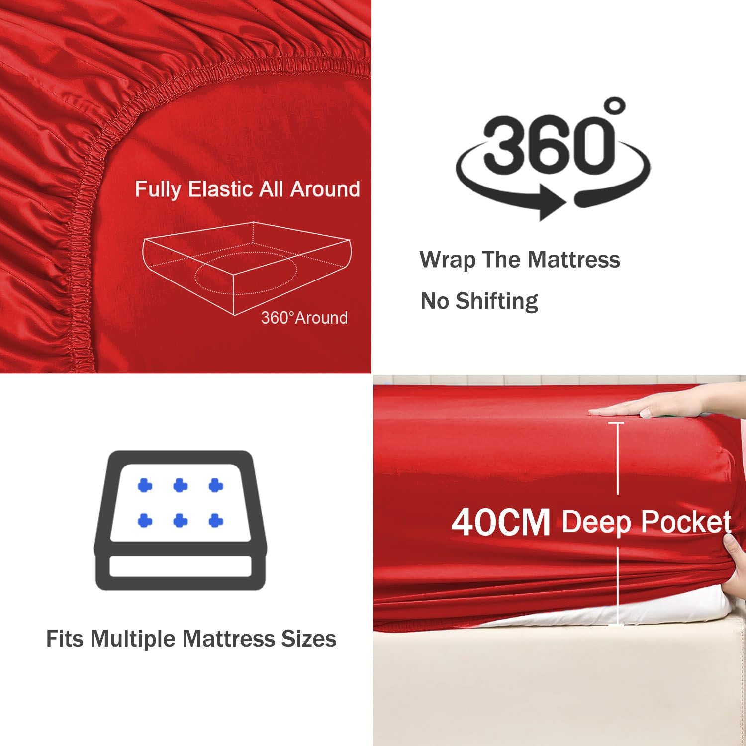 3 Piece Fitted Sheet Set- Fitted Sheet & Pillowcases -Breathable Bedding - Wrinkle, Fade, Stain Resistant- 40cm Deep Pocket Fitted Bed Sheet Set(Red,King)