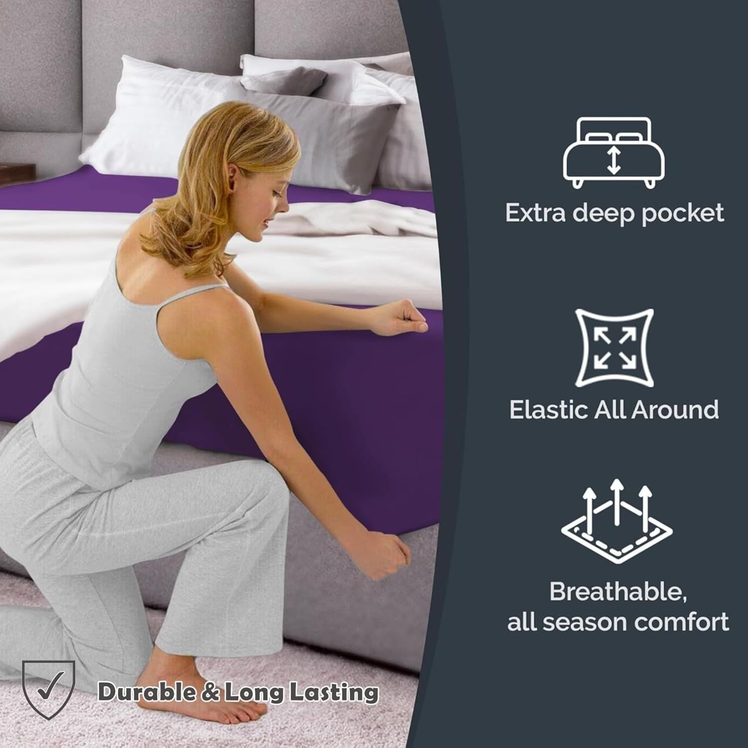 Hotel Quality Fitted Sheet - 1 Piece Fitted Sheet -Breathable Bedding - Wrinkle, Fade, Stain Resistant- 16inch/40cm Deep Pocket Fitted Bed Sheet-Wrinkle and Fade Resistant,(Purple,King)