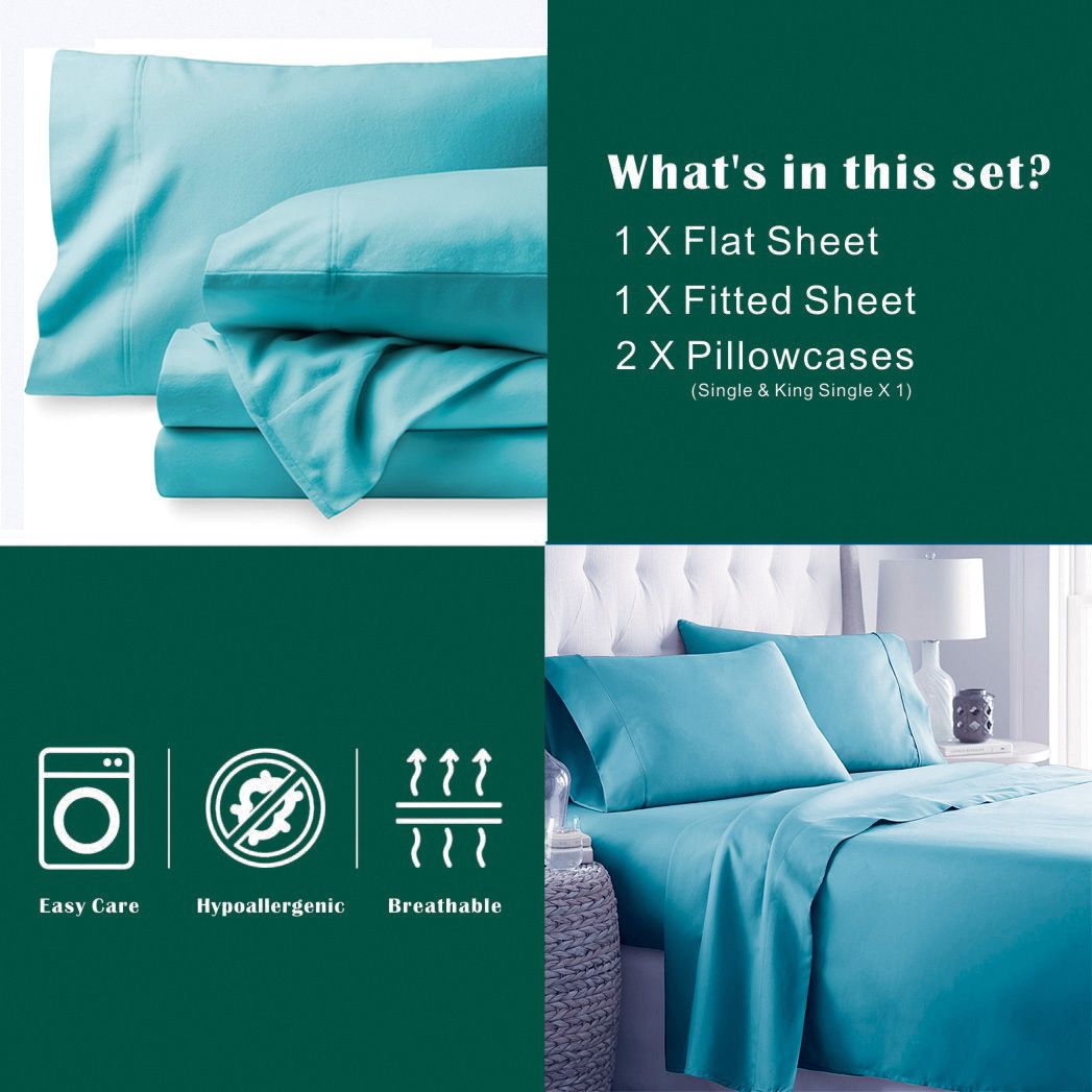 3 Piece Bed Sheet Set- Bedding Sheets & Pillowcases -Breathable Bedding - Wrinkle, Fade, Stain Resistant-Deep Pocket Flat Fitted Bed Sheet Set(Ice Blue,King Single)