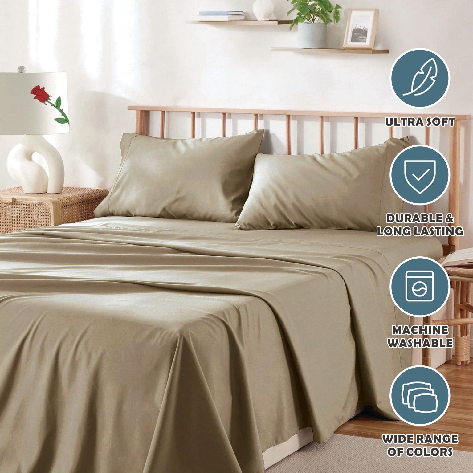 3 Piece Bed Sheet Set- Bedding Sheets & Pillowcases -Breathable Bedding - Wrinkle, Fade, Stain Resistant-Deep Pocket Flat Fitted Bed Sheet Set(Camel Beige,King Single)