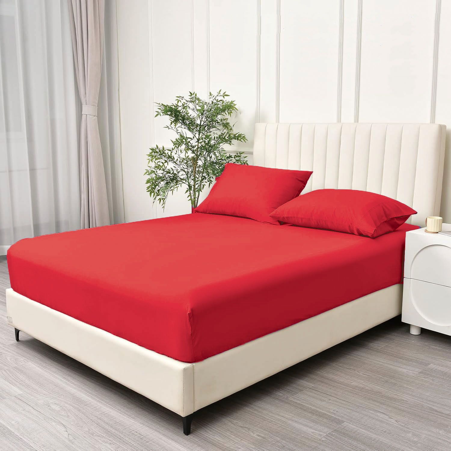 3 Piece Fitted Sheet Set- Fitted Sheet & Pillowcases -Breathable Bedding - Wrinkle, Fade, Stain Resistant- 40cm Deep Pocket Fitted Bed Sheet Set(Red,Queen)