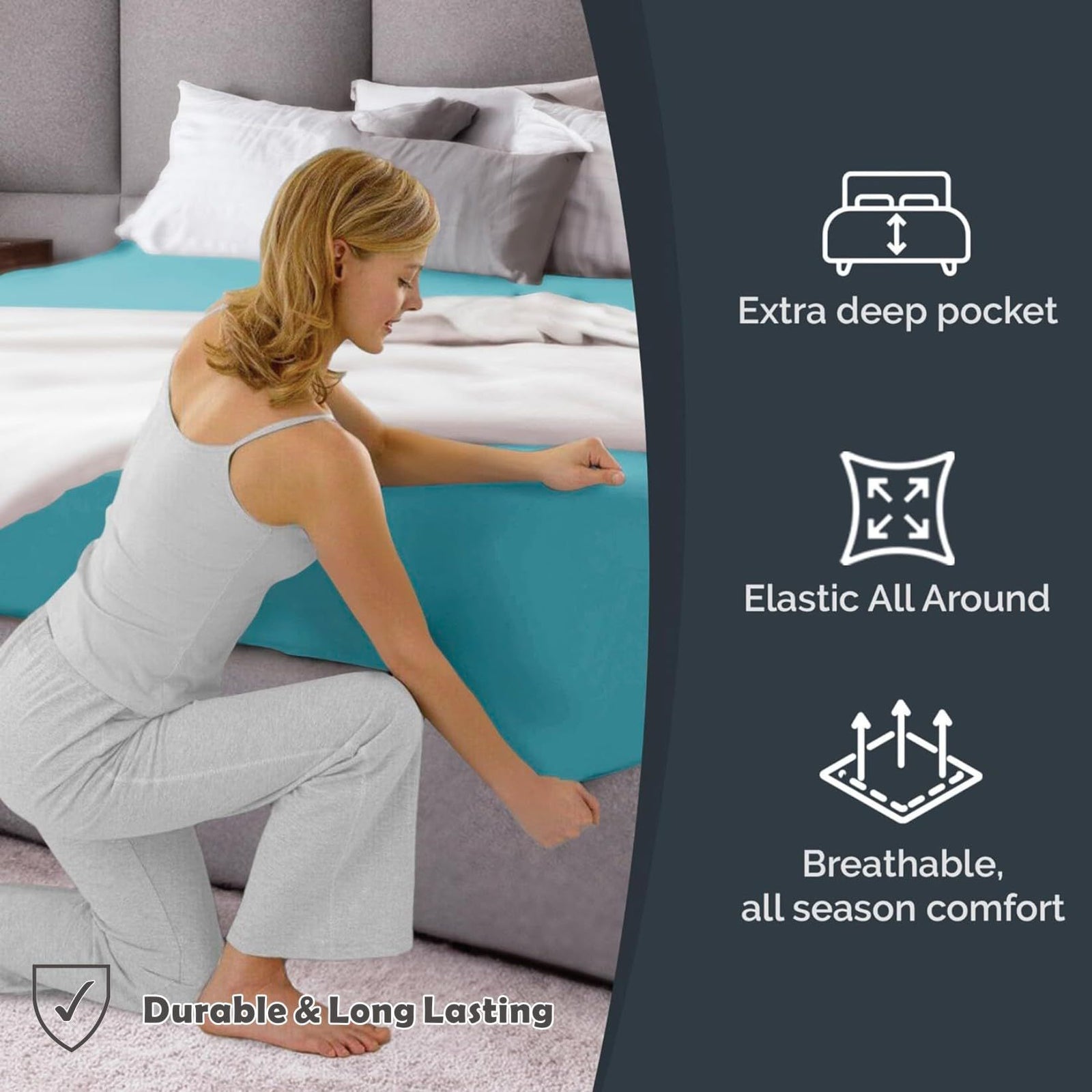 Hotel Quality Fitted Sheet - 1 Piece Fitted Sheet -Breathable Bedding - Wrinkle, Fade, Stain Resistant- 16inch/40cm Deep Pocket Fitted Bed Sheet-Wrinkle and Fade Resistant,(Ice blue,Queen)