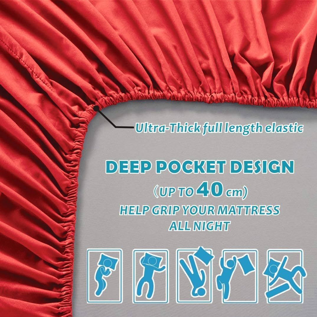 Hotel Quality Fitted Sheet - 1 Piece Fitted Sheet -Breathable Bedding - Wrinkle, Fade, Stain Resistant- 16inch/40cm Deep Pocket Fitted Bed Sheet-Wrinkle and Fade Resistant,(Red,Queen)