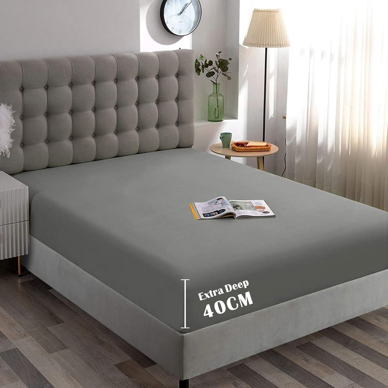 Hotel Quality Fitted Sheet - 1 Piece Fitted Sheet -Breathable Bedding - Wrinkle, Fade, Stain Resistant- 16inch/40cm Deep Pocket Fitted Bed Sheet-Wrinkle and Fade Resistant,(Grey,Queen)