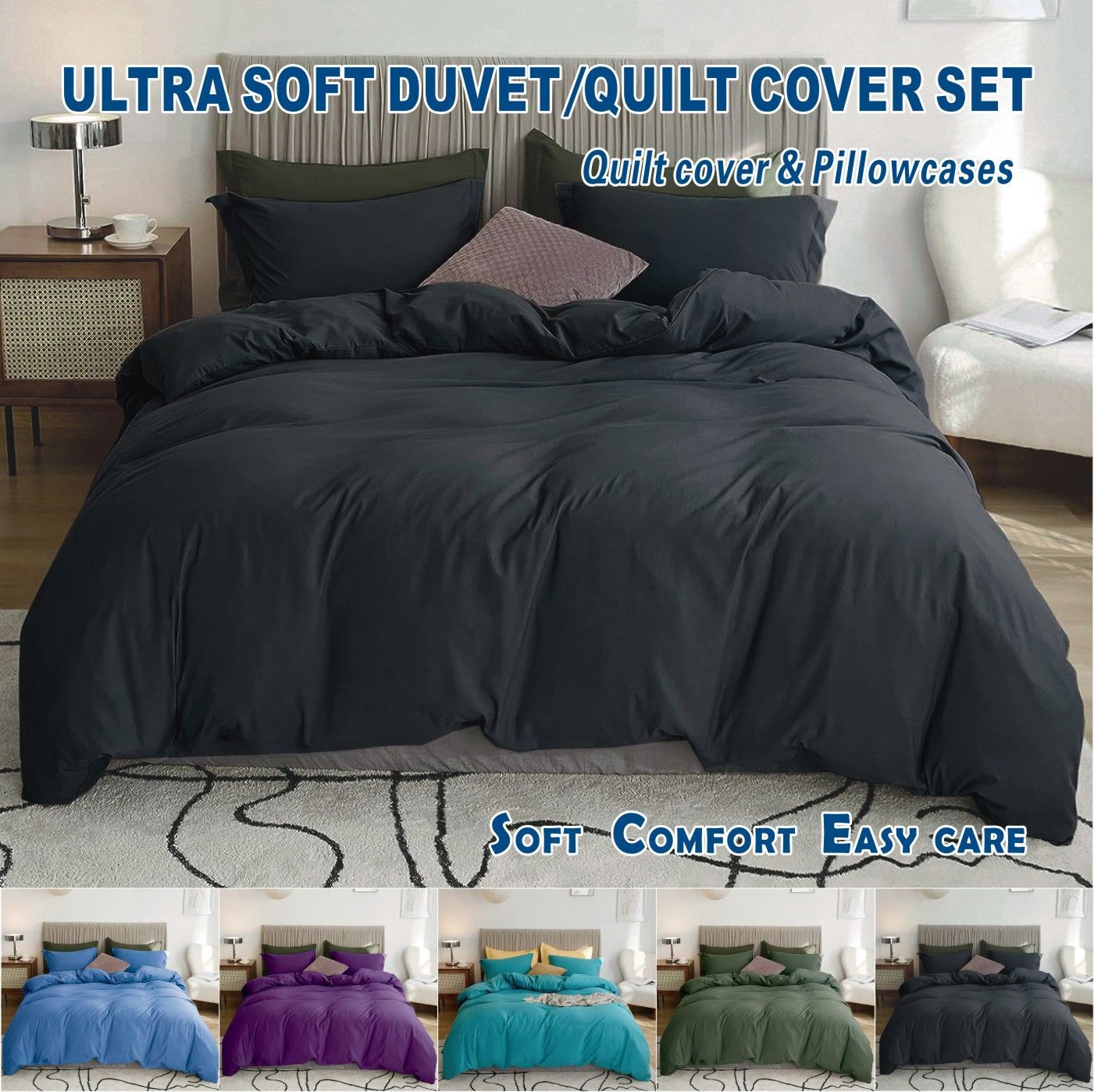 2 Piece Hotel Soft Microfiber Quilt Cover Set-2000TC Duvet/Donna Cover Set & Pillowcases -1 Quilt Cover Zipper Closure & 1 x Pillowcases-Breathable Bedding - Wrinkle, Fade, Stain Resistant(Black,Single)
