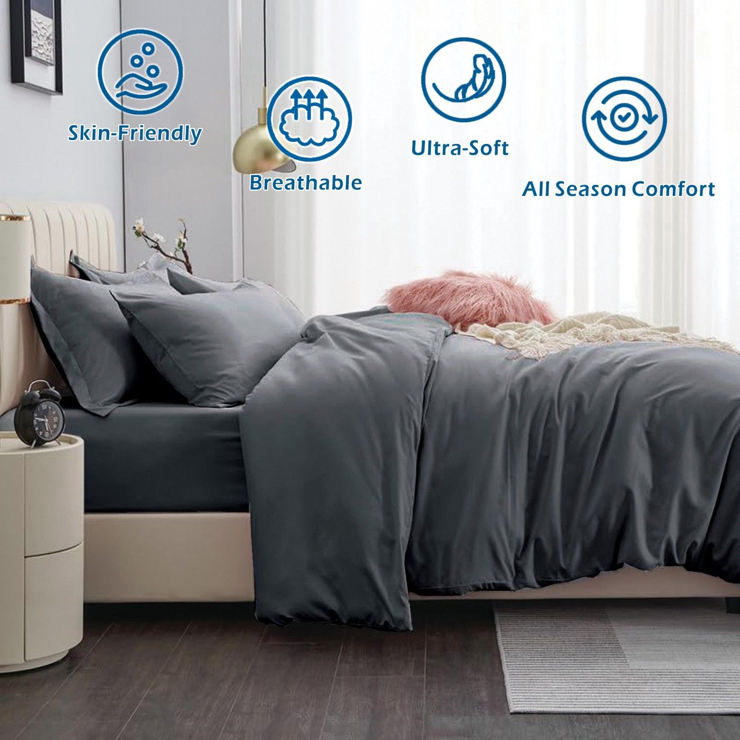 2 Piece Hotel Soft Microfiber Quilt Cover Set-2000TC Duvet/Donna Cover Set & Pillowcases -1 Quilt Cover Zipper Closure & 1 x Pillowcases-Breathable Bedding - Wrinkle, Fade, Stain Resistant(Dark gray,Single)