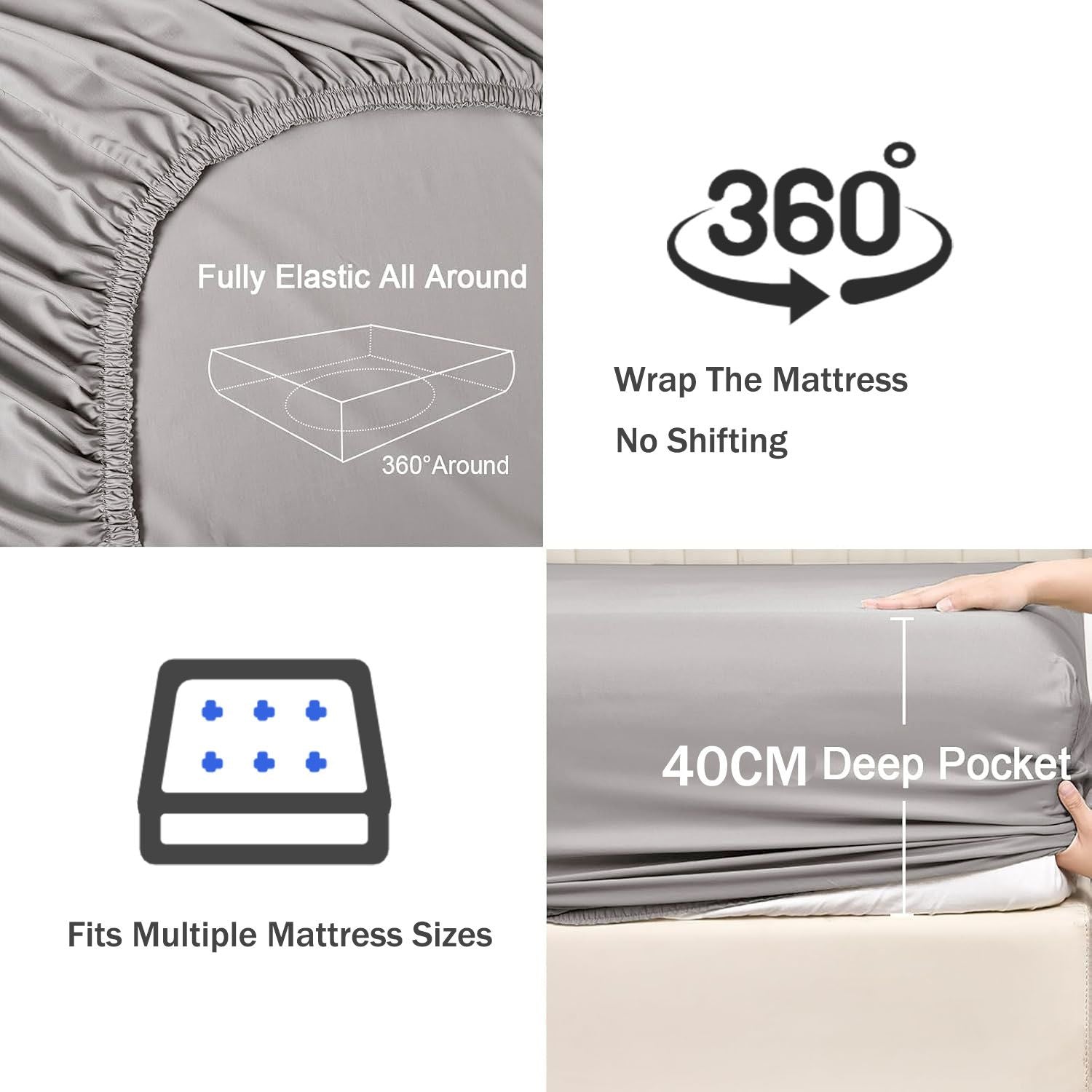 2 Piece Fitted Sheet Set- Fitted Sheet & Pillowcases -Breathable Bedding - Wrinkle, Fade, Stain Resistant- 40cm Deep Pocket Fitted Bed Sheet Set(Silver-gray,Single)