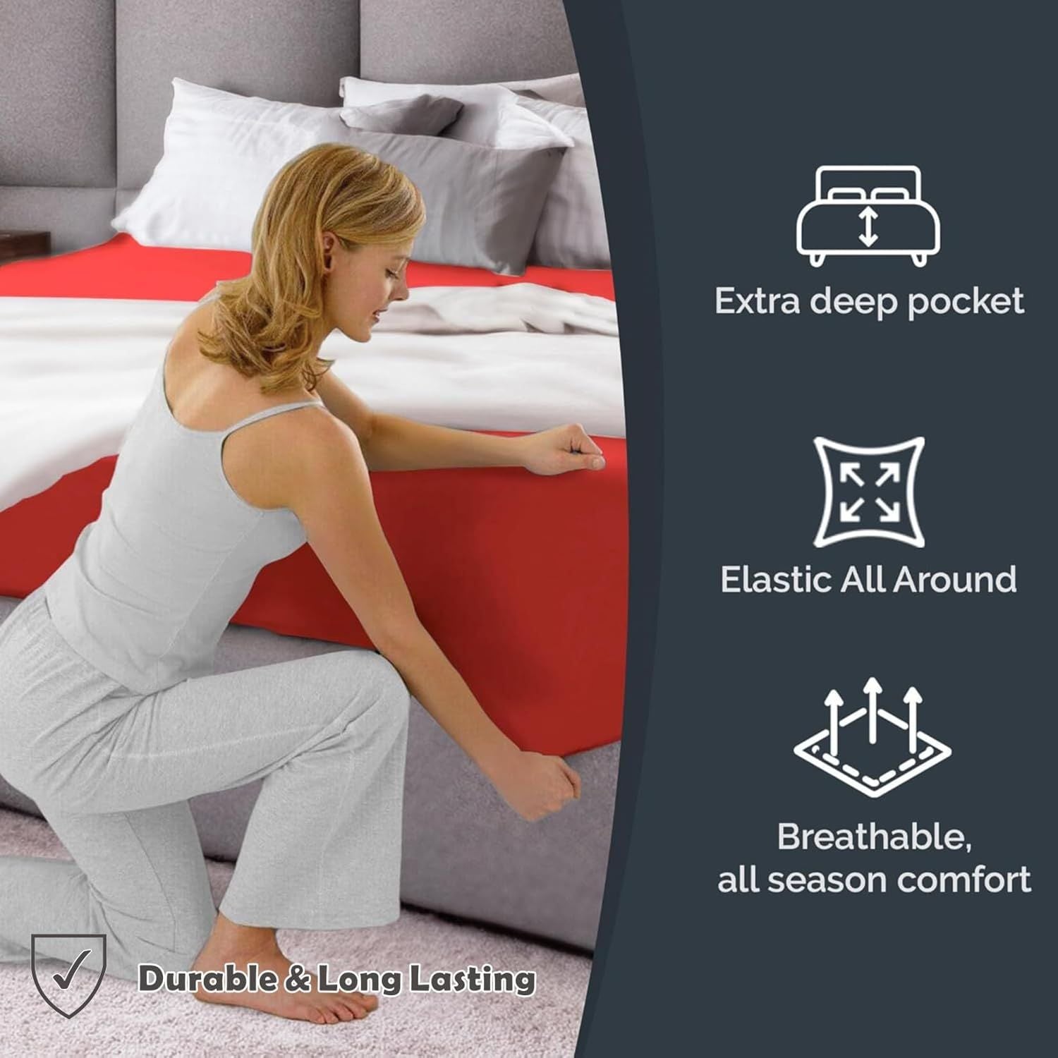 Hotel Quality Fitted Sheet - 1 Piece Fitted Sheet -Breathable Bedding - Wrinkle, Fade, Stain Resistant- 16inch/40cm Deep Pocket Fitted Bed Sheet-Wrinkle and Fade Resistant,(Red,Single)