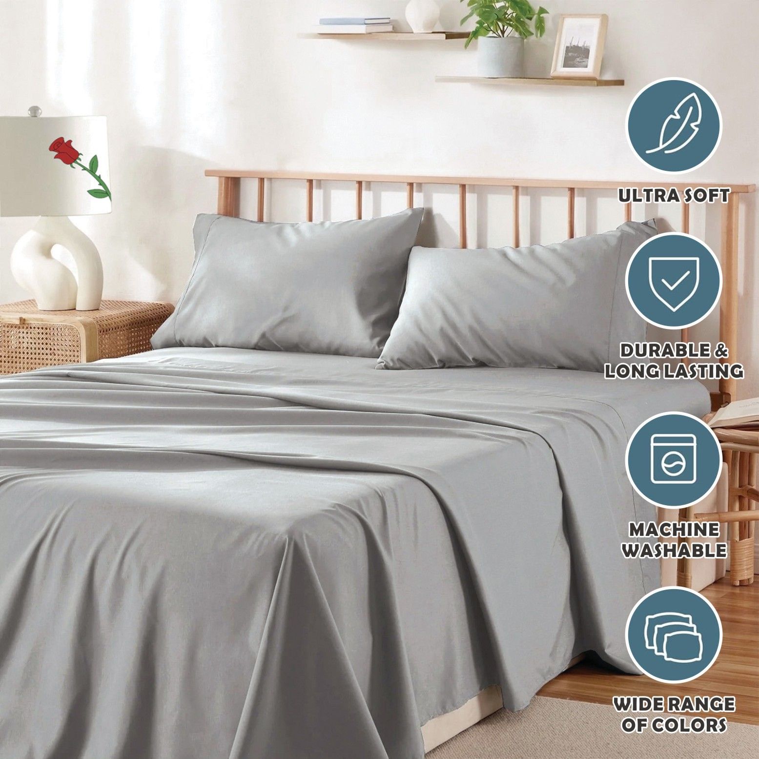 4 Piece Bed Sheet Set- Bedding Sheets & Pillowcases -Breathable Bedding - Wrinkle, Fade, Stain Resistant-Deep Pocket Flat Fitted Bed Sheet Set(Silver-gray,Super King)