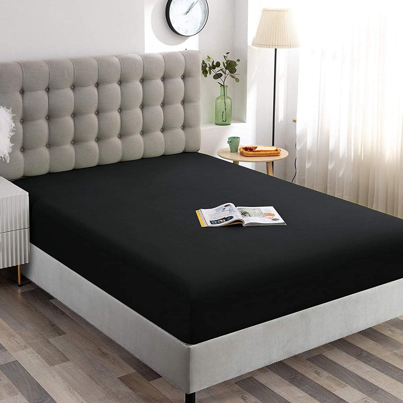 Hotel Quality Fitted Sheet - 1 Piece Fitted Sheet -Breathable Bedding - Wrinkle, Fade, Stain Resistant- 16inch/40cm Deep Pocket Fitted Bed Sheet-Wrinkle and Fade Resistant,(Black,Super King)