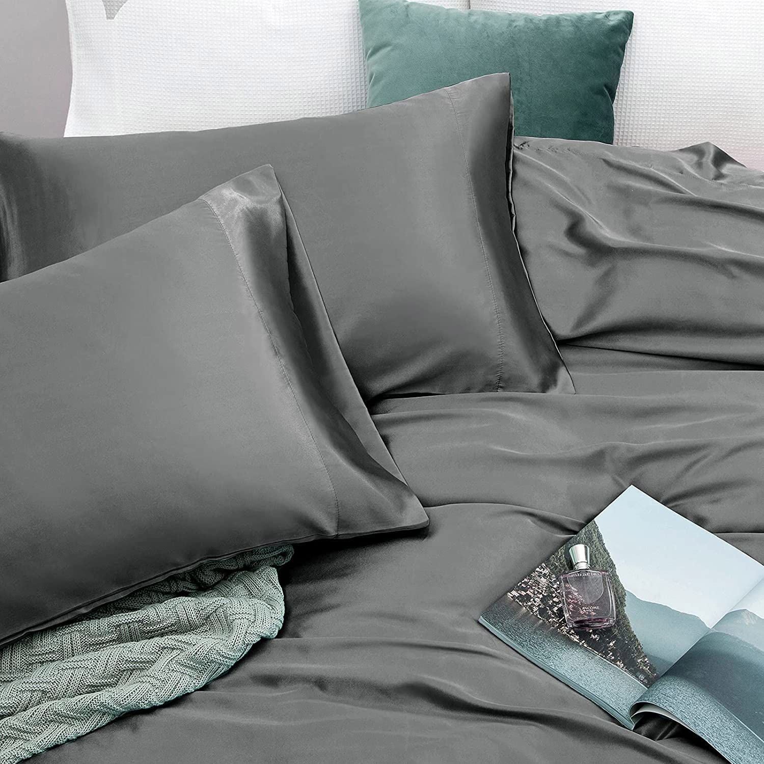 Art Silk Satin Sheet Set Hotel 4 Pieces Fitted/Flat Sheet Bedding Set-Luxury Soft Silky Sheets for Hair and Skin, Similar to Silk Bed Sheets Set 4 Pieces(King,Grey)
