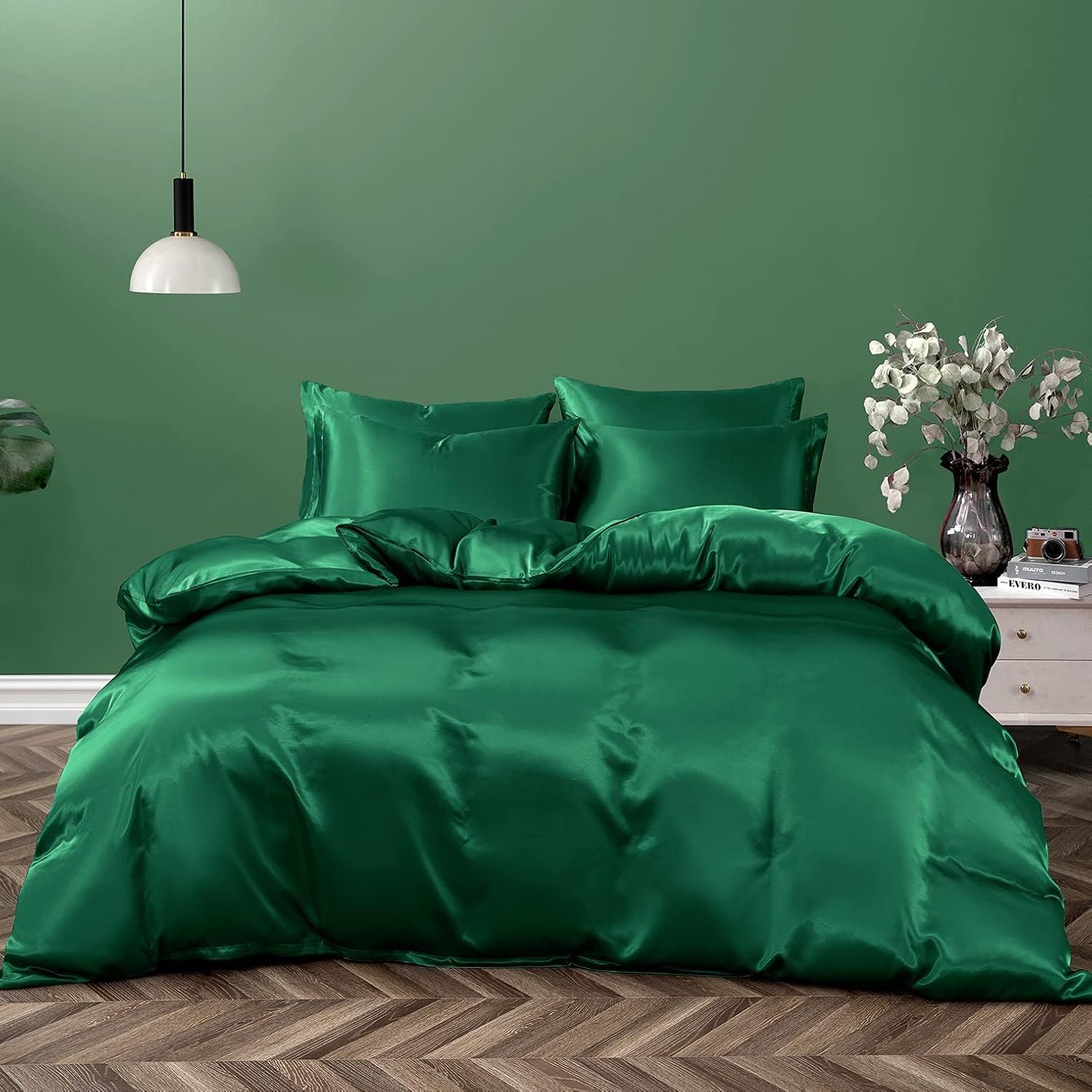 Satin Quilt cover Set Hotel 3 Pieces Quilt cover with Pillowcase, Art Silk Bedding Set-Luxury Soft Silky pillowcase for Hair and Skin, Similar to Silk Duvet/Donna Cover Set- 3 Pieces(Super King,Green)