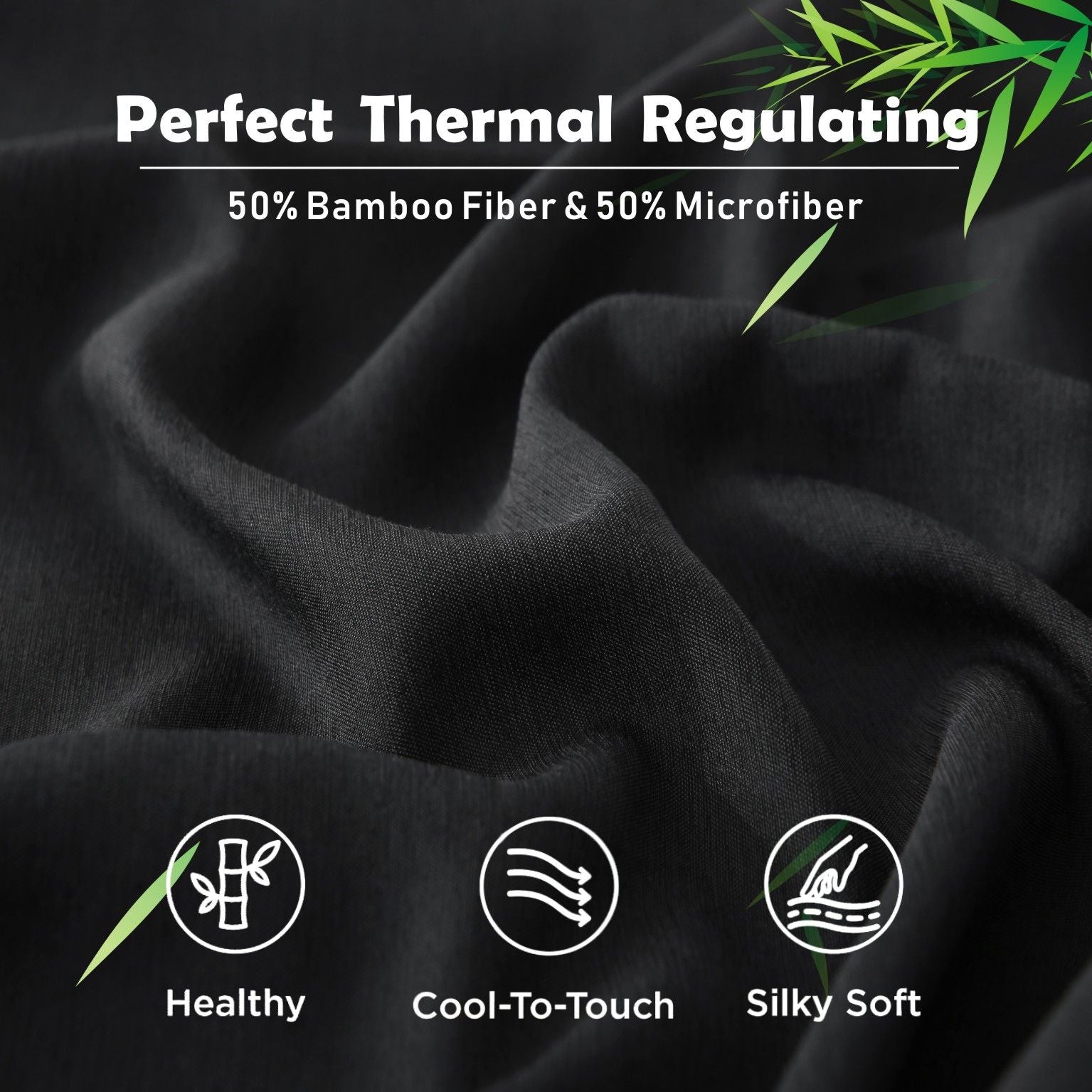 3 Piece Hotel Bamboo Cooling Fitted Sheet Set & Pillowcase -Ultra Soft 2000TC Breathable Fitted Bed Sheets Set with 37 Centimetre Deep Pocket-Cooling Sheets for Hot Sleepers(Black,Double)