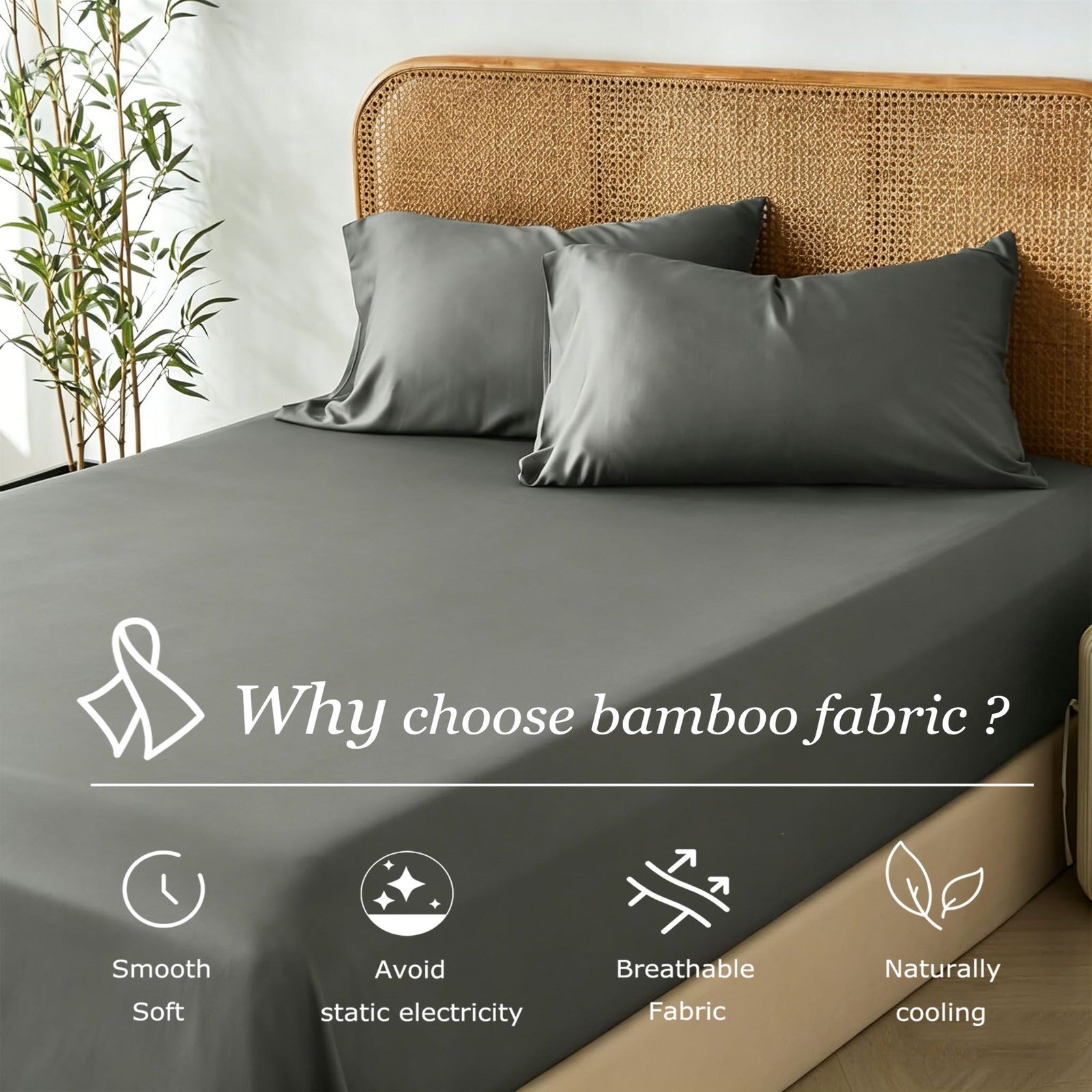 3 Piece Hotel Bamboo Cooling Fitted Sheet Set & Pillowcase -Ultra Soft 2000TC Breathable Fitted Bed Sheets Set with 37 Centimetre Deep Pocket-Cooling Sheets for Hot Sleepers(Grey,King)
