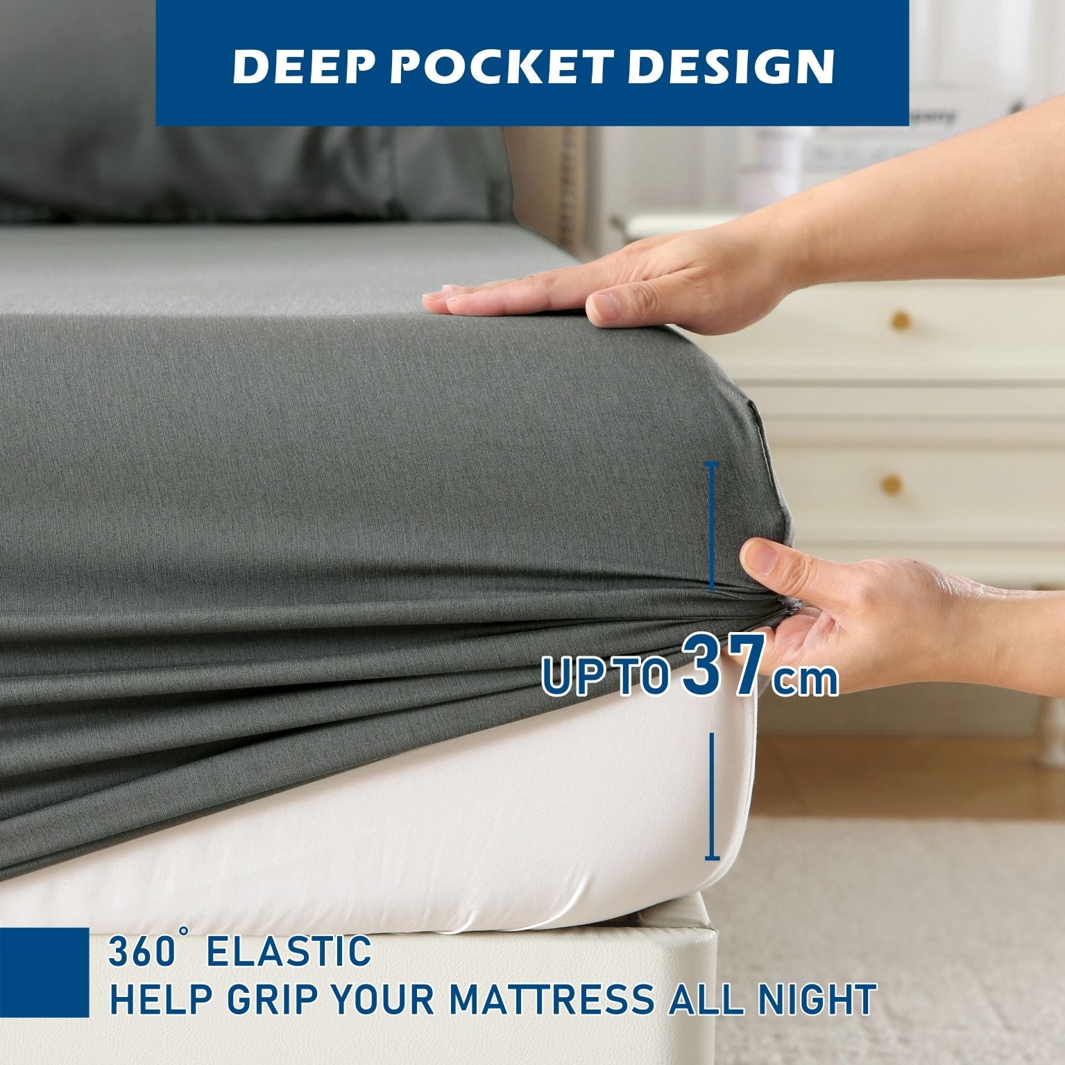 3 Piece Hotel Bamboo Cooling Sheet Set -Ultra Soft 2000TC Breathable Bed Sheets Set with 37 Centimetre Deep Pocket-Cooling Sheets for Hot Sleepers(Grey,King Single)