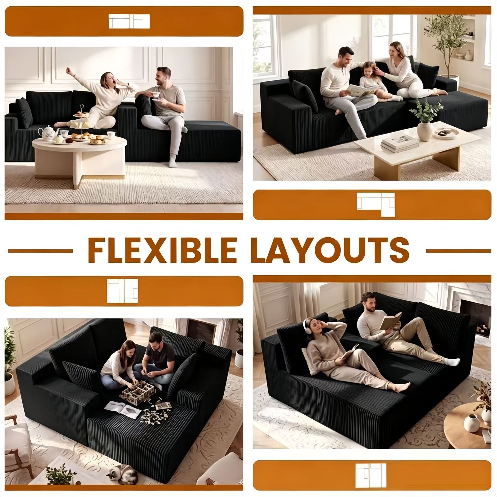 Couch Modular Sectional 3 Seater Sofa L-Shaped Black,81" Boneless Sofa Bed, Deep Seat and Side Pockets,Breathable Cheneille, High Density Pure Sponge,No Assembly Needed