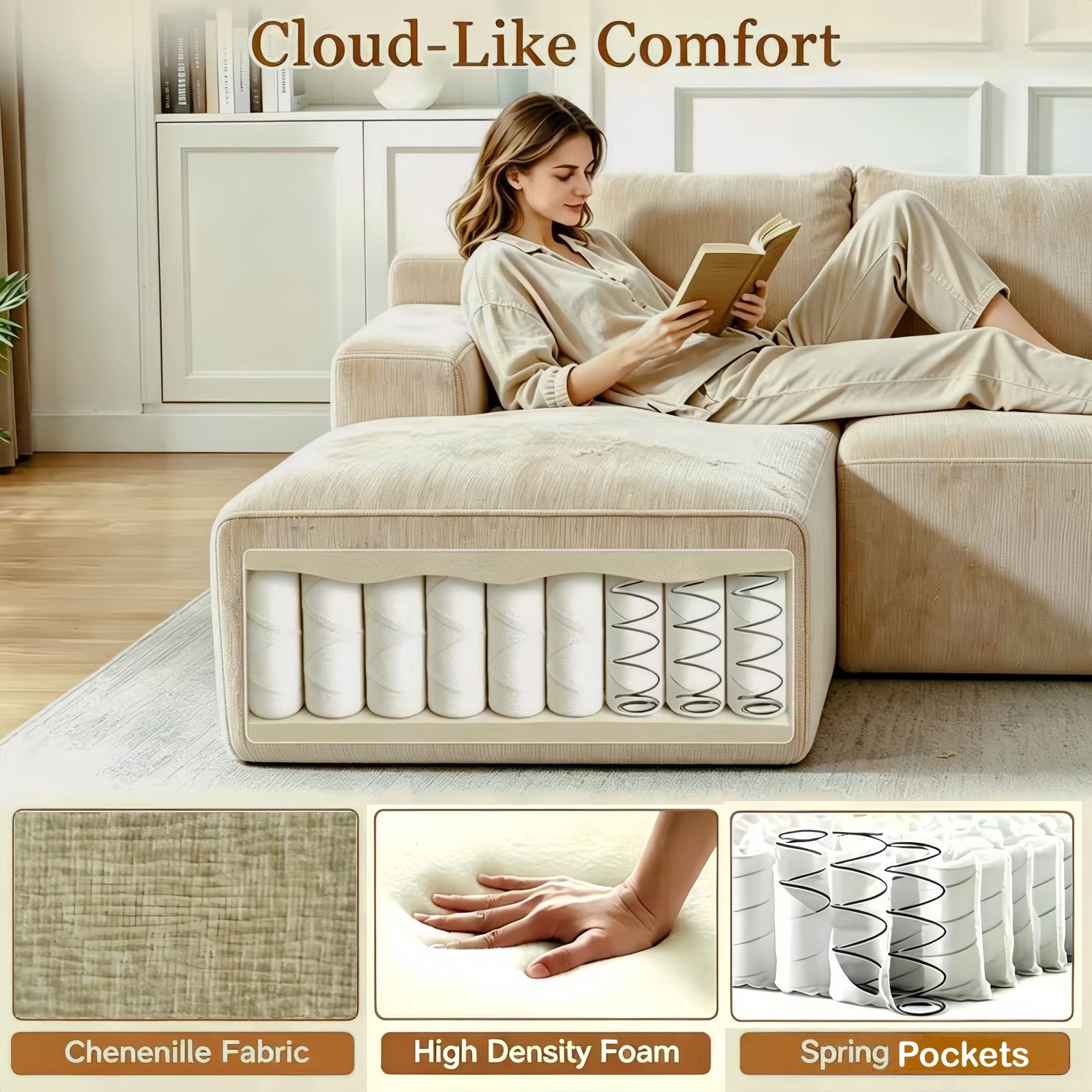 Couch Modular Sectional 3 Seater Sofa L-Shaped Khaki,81" Boneless Sofa Bed, Deep Seat and Side Pockets,Breathable Cheneille, High Density Pure Sponge,No Assembly Needed