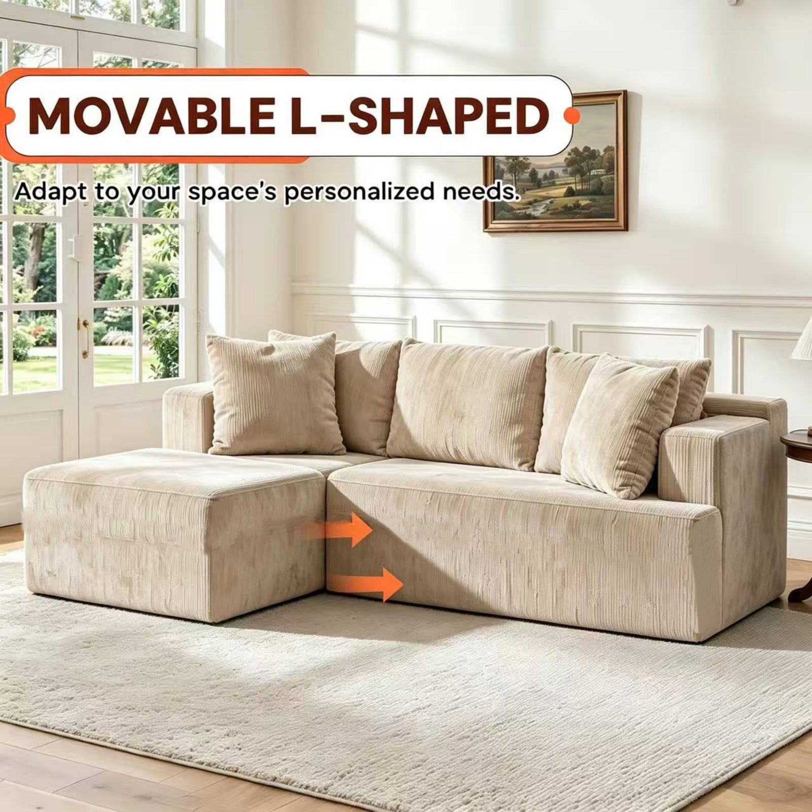 Couch Modular Sectional 3 Seater Sofa L-Shaped Khaki,81" Boneless Sofa Bed, Deep Seat and Side Pockets,Breathable Cheneille, High Density Pure Sponge,No Assembly Needed