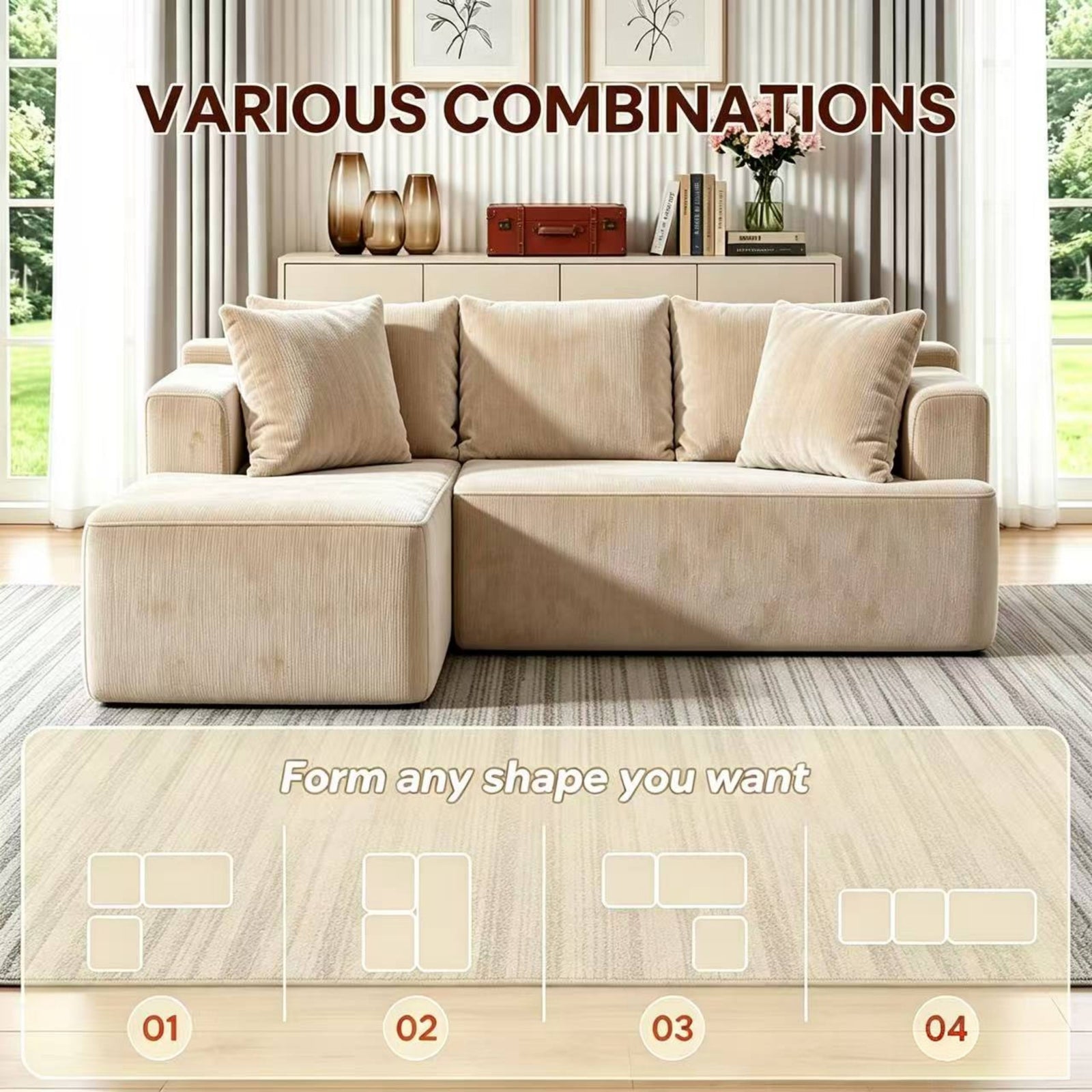 Couch Modular Sectional 3 Seater Sofa L-Shaped Khaki,81" Boneless Sofa Bed, Deep Seat and Side Pockets,Breathable Cheneille, High Density Pure Sponge,No Assembly Needed