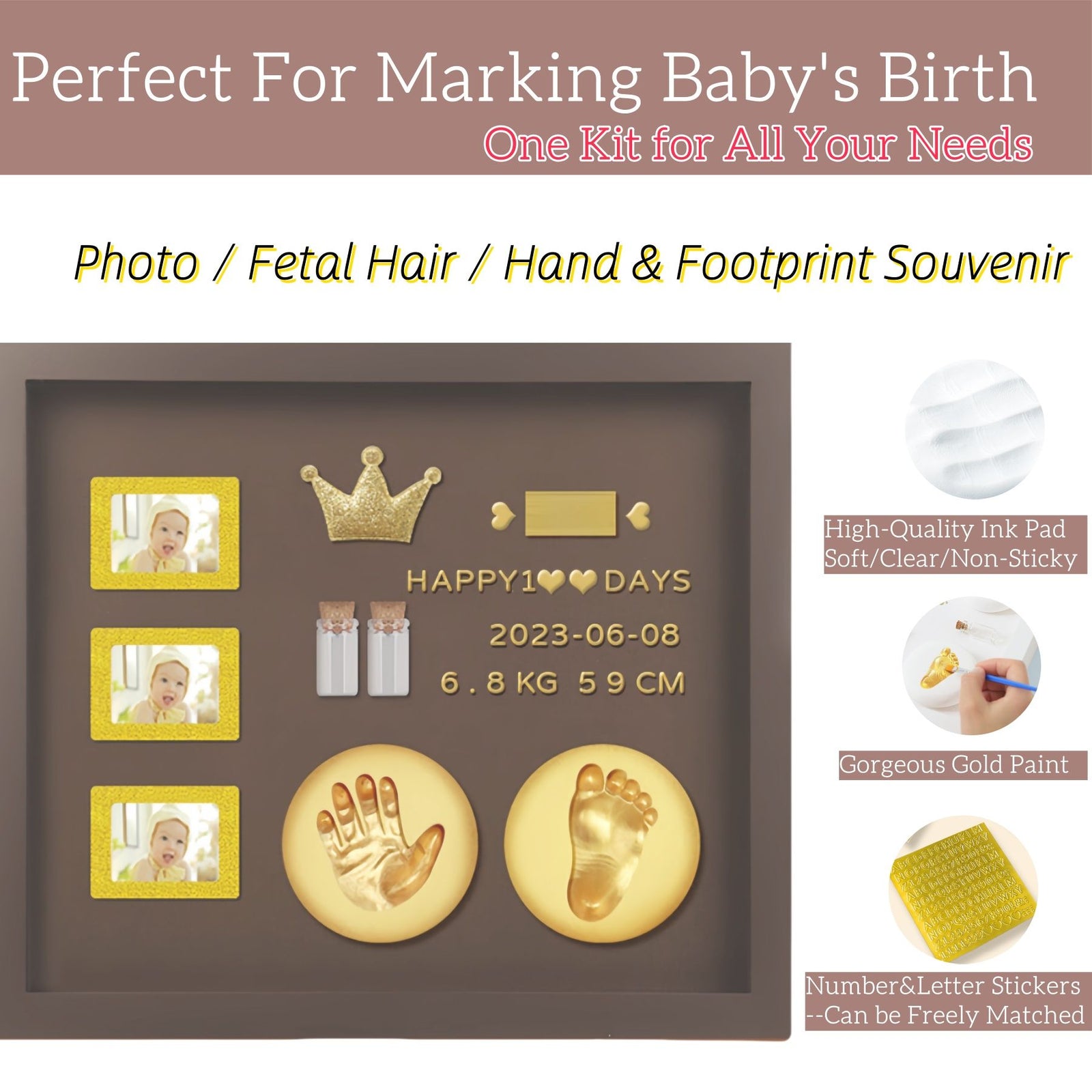 Baby Hand and Footprint Kit with 3 Photo Slots, Golden Ink Pad & Number/Letter Stickers, Non-Toxic Newborn Gift Set for Baby Shower, Nursery Decor, Keepsake Memory Frame